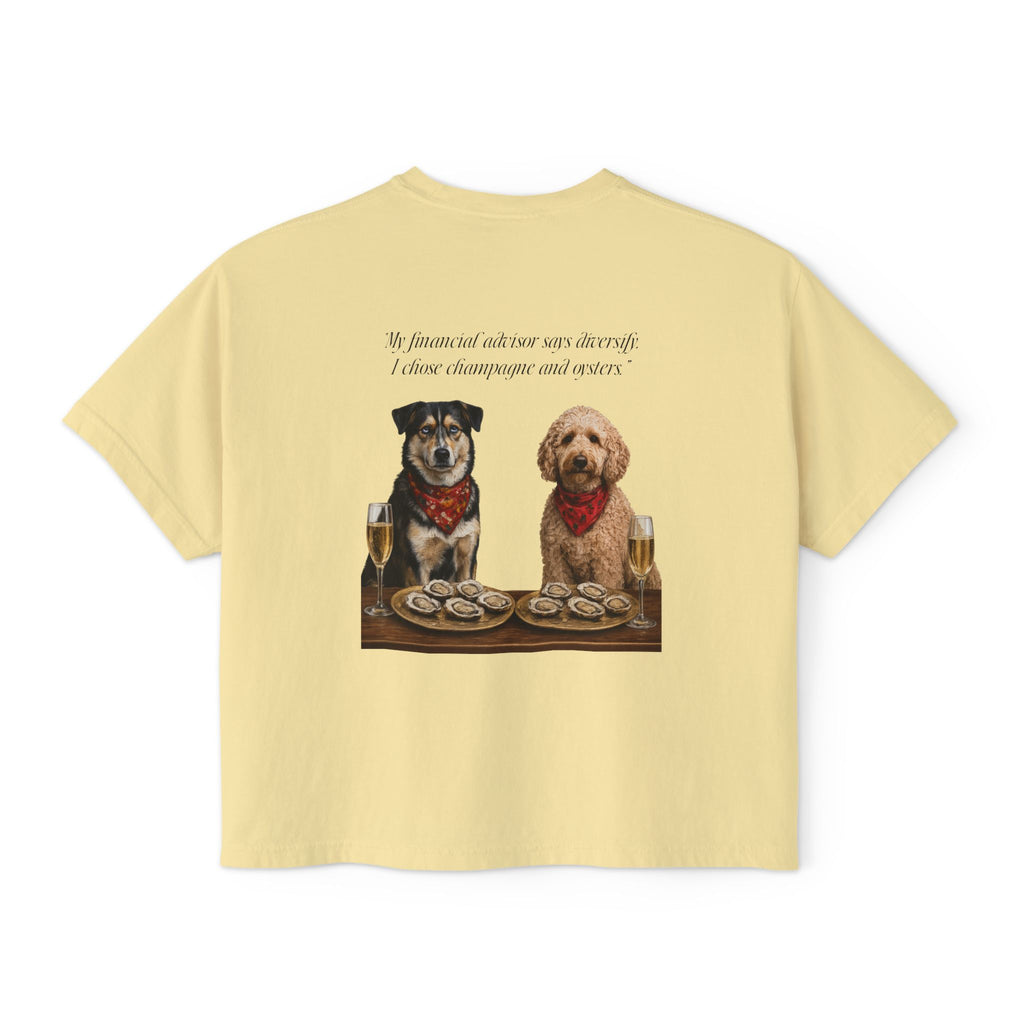 Barnshire CC "Champagne Dogs" Boxy Tee — Cute Dogs & Oysters Graphic