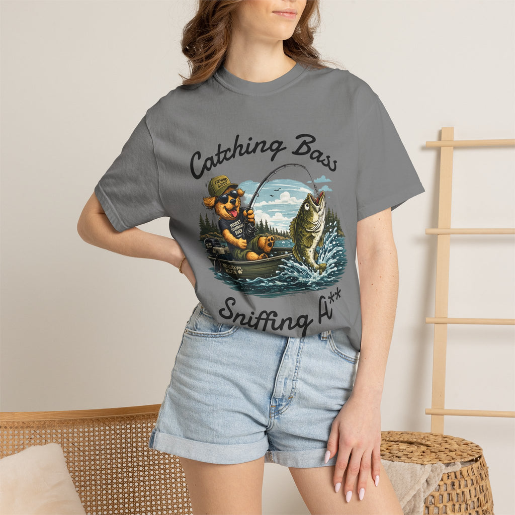 Fishing Dog T-Shirt — Cute Dog Angler in Boat Catching Big Bass