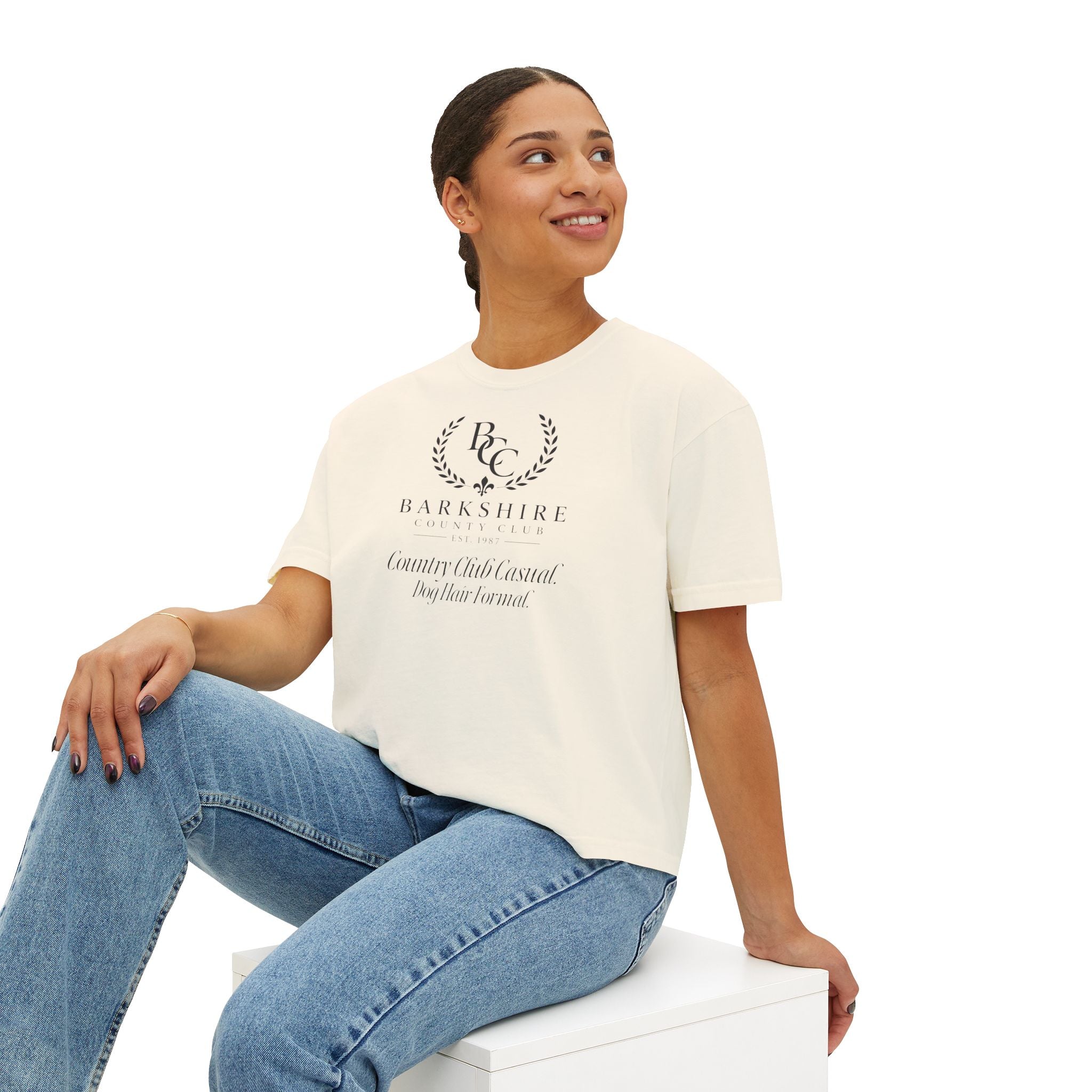 Barnshire CC "Champagne Dogs" Boxy Tee — Cute Dogs & Oysters Graphic