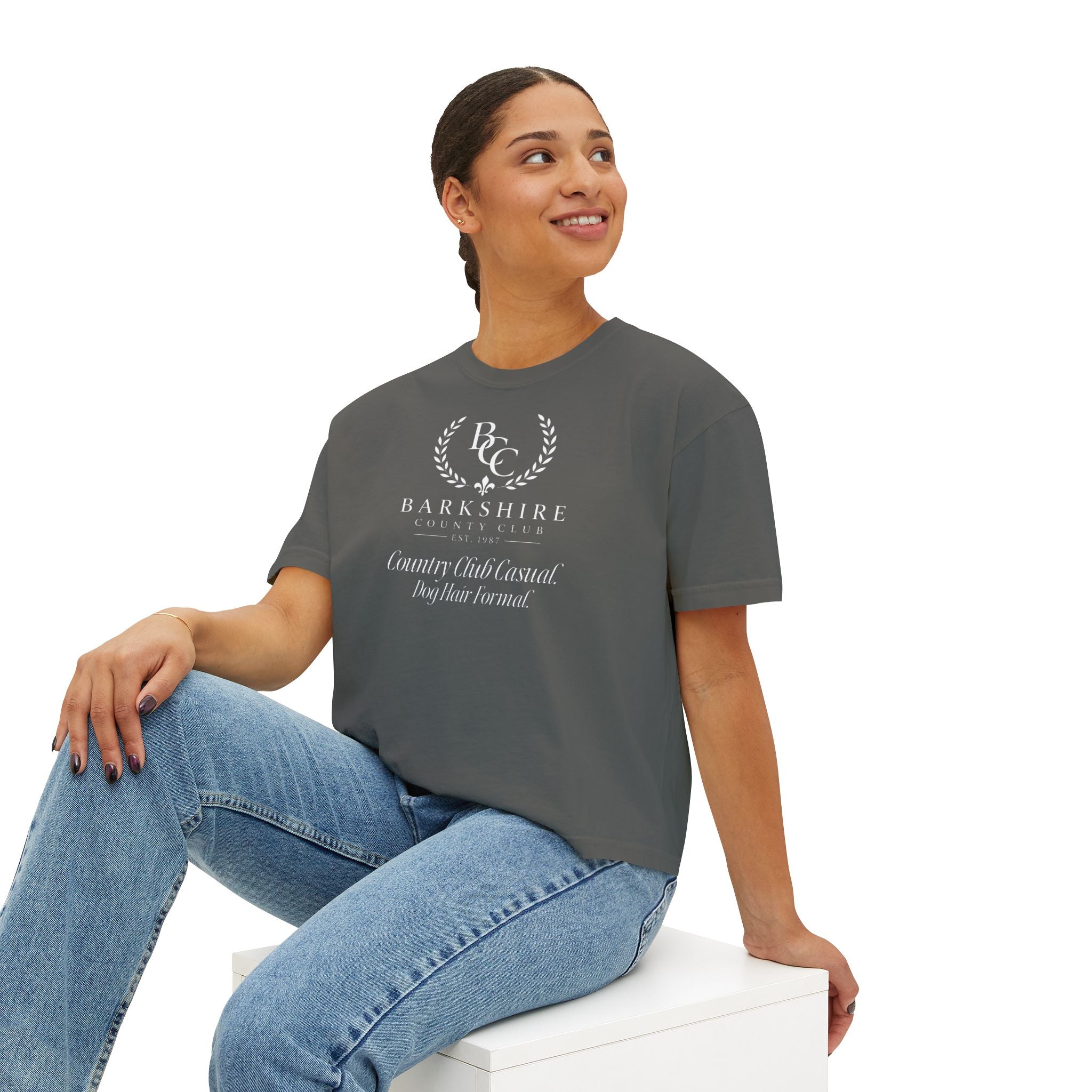 Barnshire CC "Champagne Dogs" Boxy Tee — Cute Dogs & Oysters Graphic