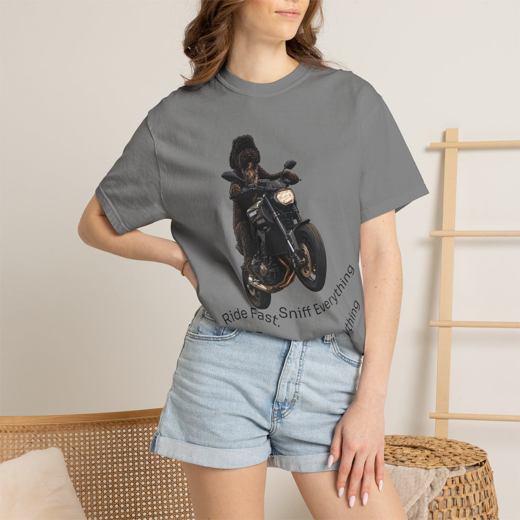 Dog Motorcycle Tee — "Ride Fast, Sniff Everything" Graphic T-Shirt