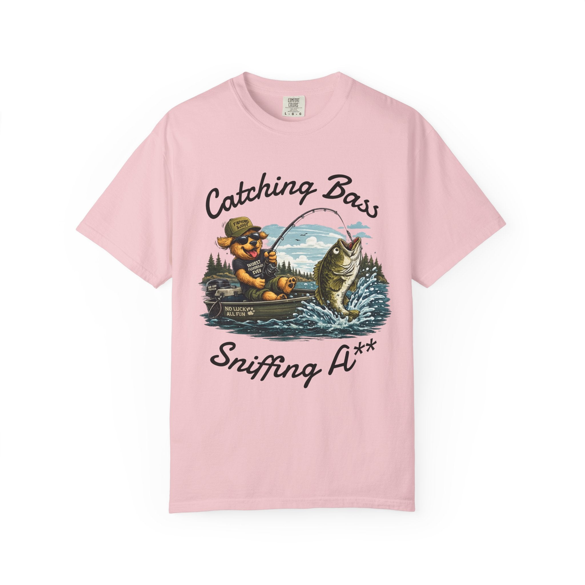 Fishing Dog T-Shirt — Cute Dog Angler in Boat Catching Big Bass