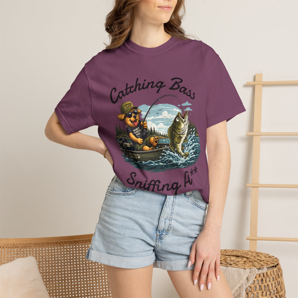 Fishing Dog T-Shirt — Cute Dog Angler in Boat Catching Big Bass