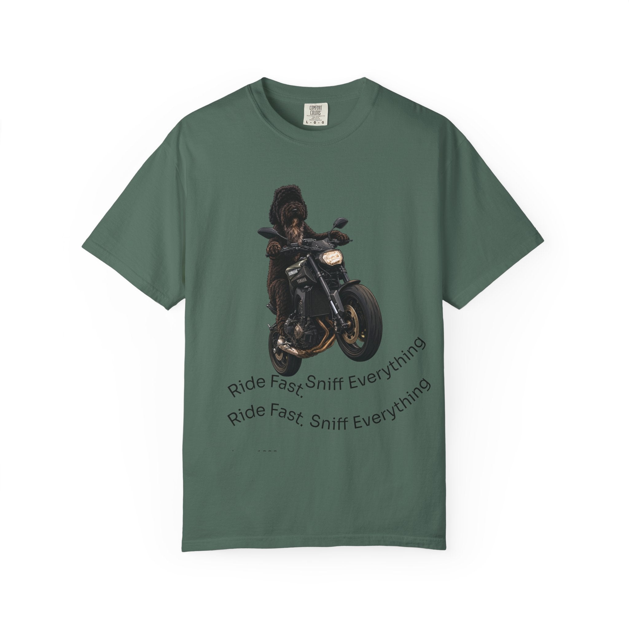 Dog Motorcycle Tee — "Ride Fast, Sniff Everything" Graphic T-Shirt
