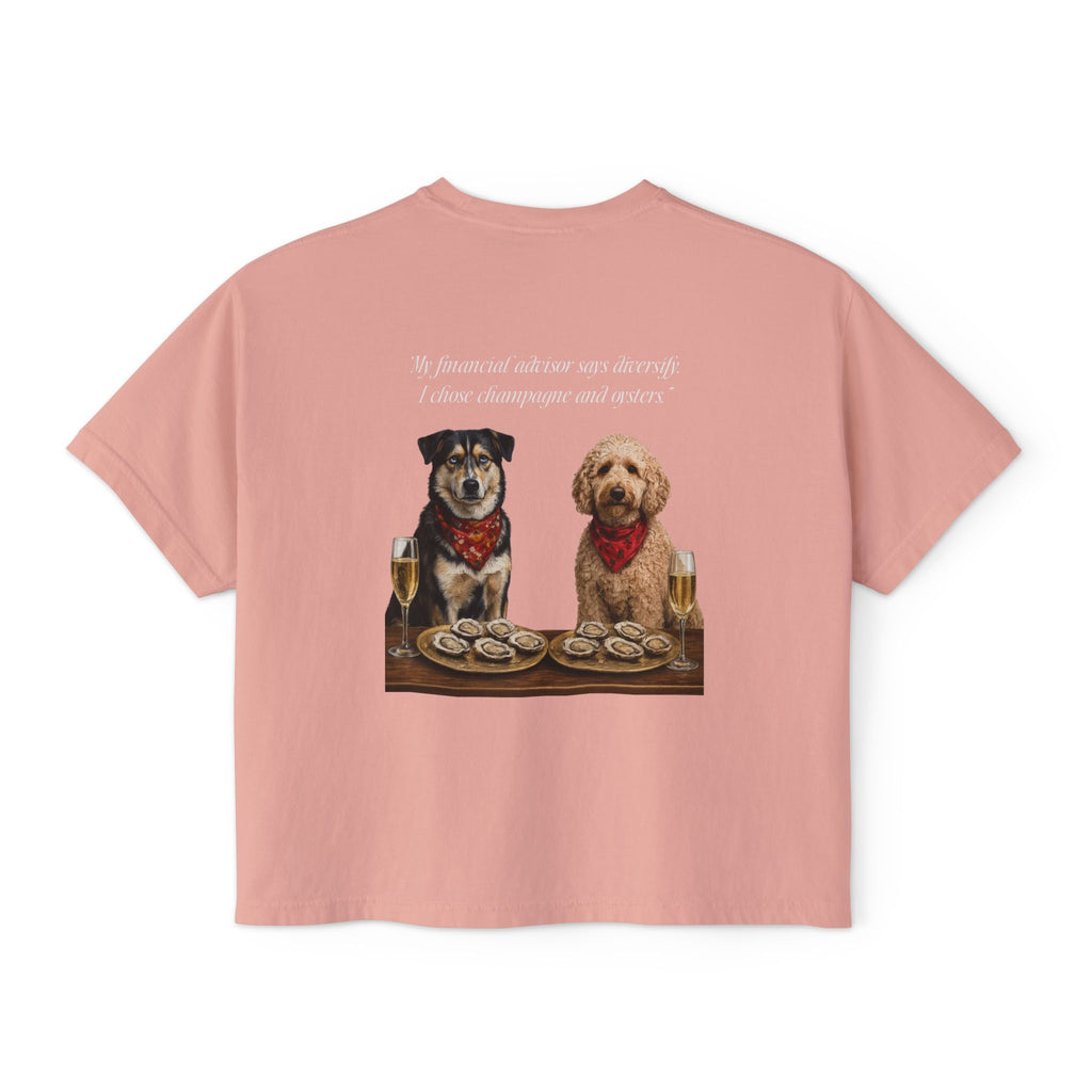 Barnshire CC "Champagne Dogs" Boxy Tee — Cute Dogs & Oysters Graphic