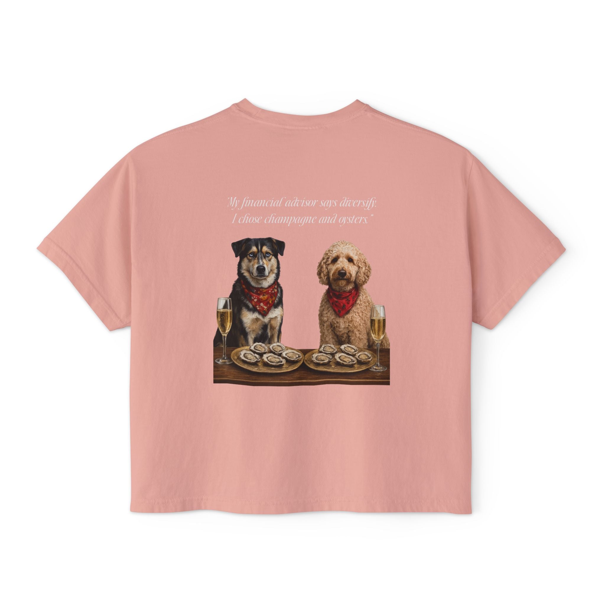 Barnshire CC "Champagne Dogs" Boxy Tee — Cute Dogs & Oysters Graphic
