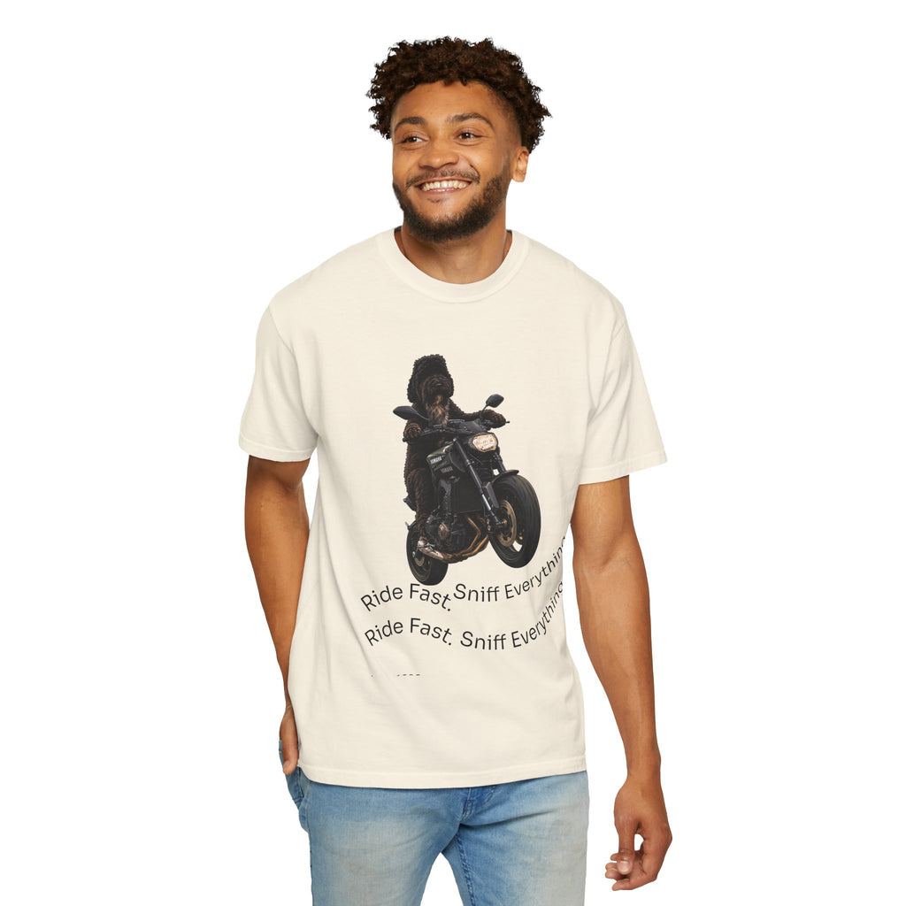 Dog Motorcycle Tee — "Ride Fast, Sniff Everything" Graphic T-Shirt