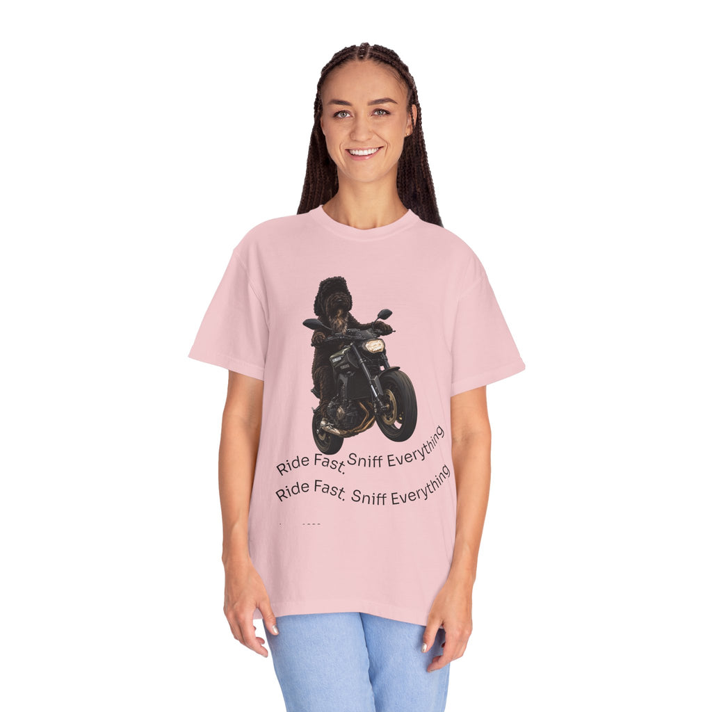 Dog Motorcycle Tee — "Ride Fast, Sniff Everything" Graphic T-Shirt