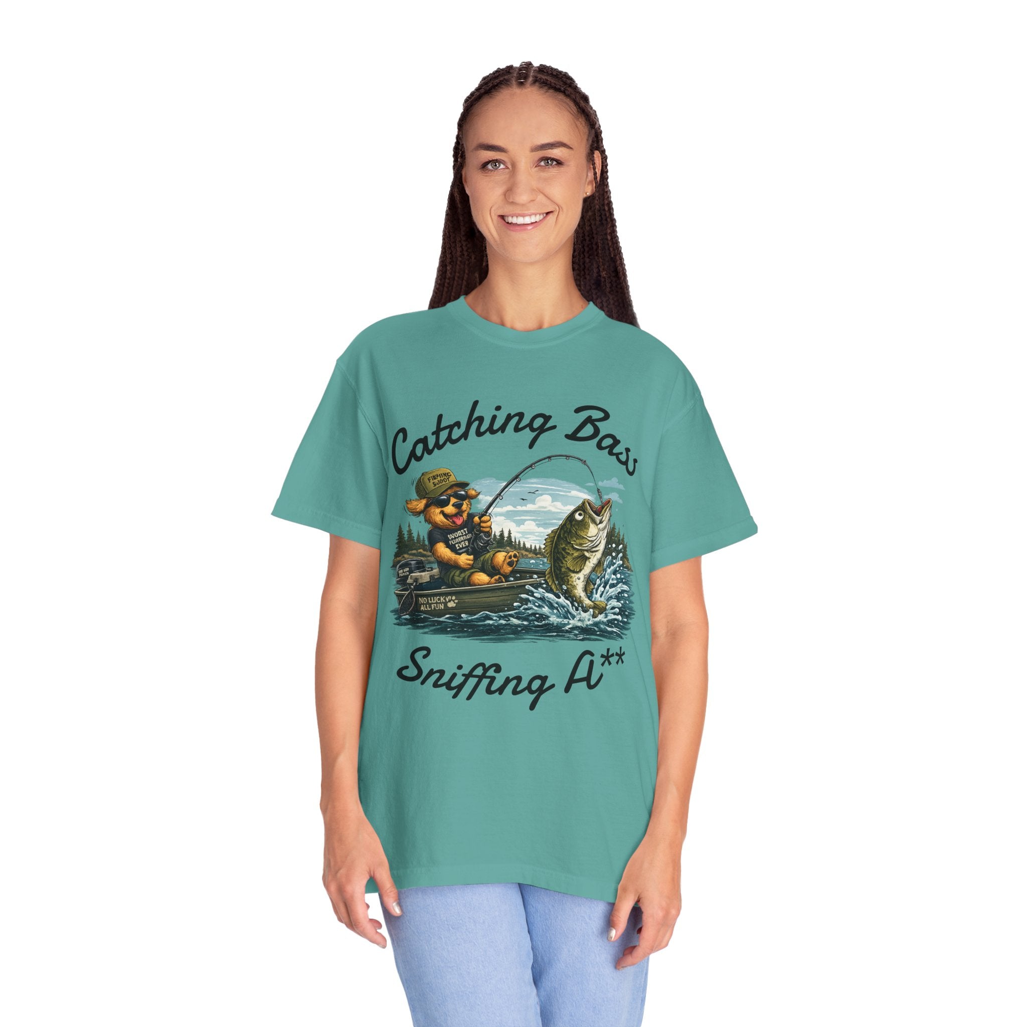 Fishing Dog T-Shirt — Cute Dog Angler in Boat Catching Big Bass