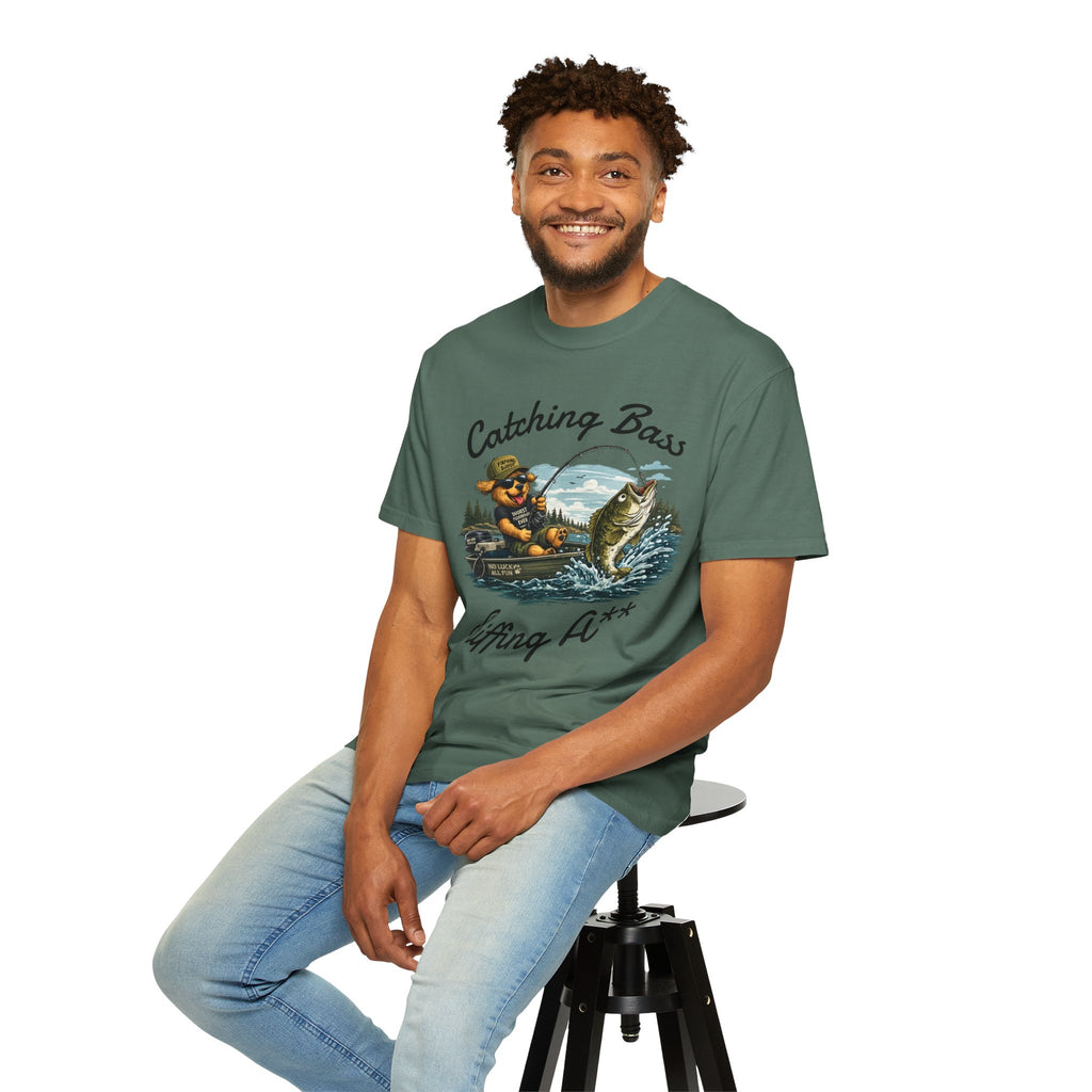 Fishing Dog T-Shirt — Cute Dog Angler in Boat Catching Big Bass