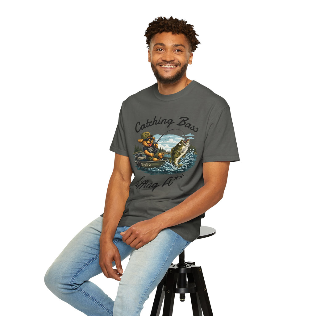 Fishing Dog T-Shirt — Cute Dog Angler in Boat Catching Big Bass
