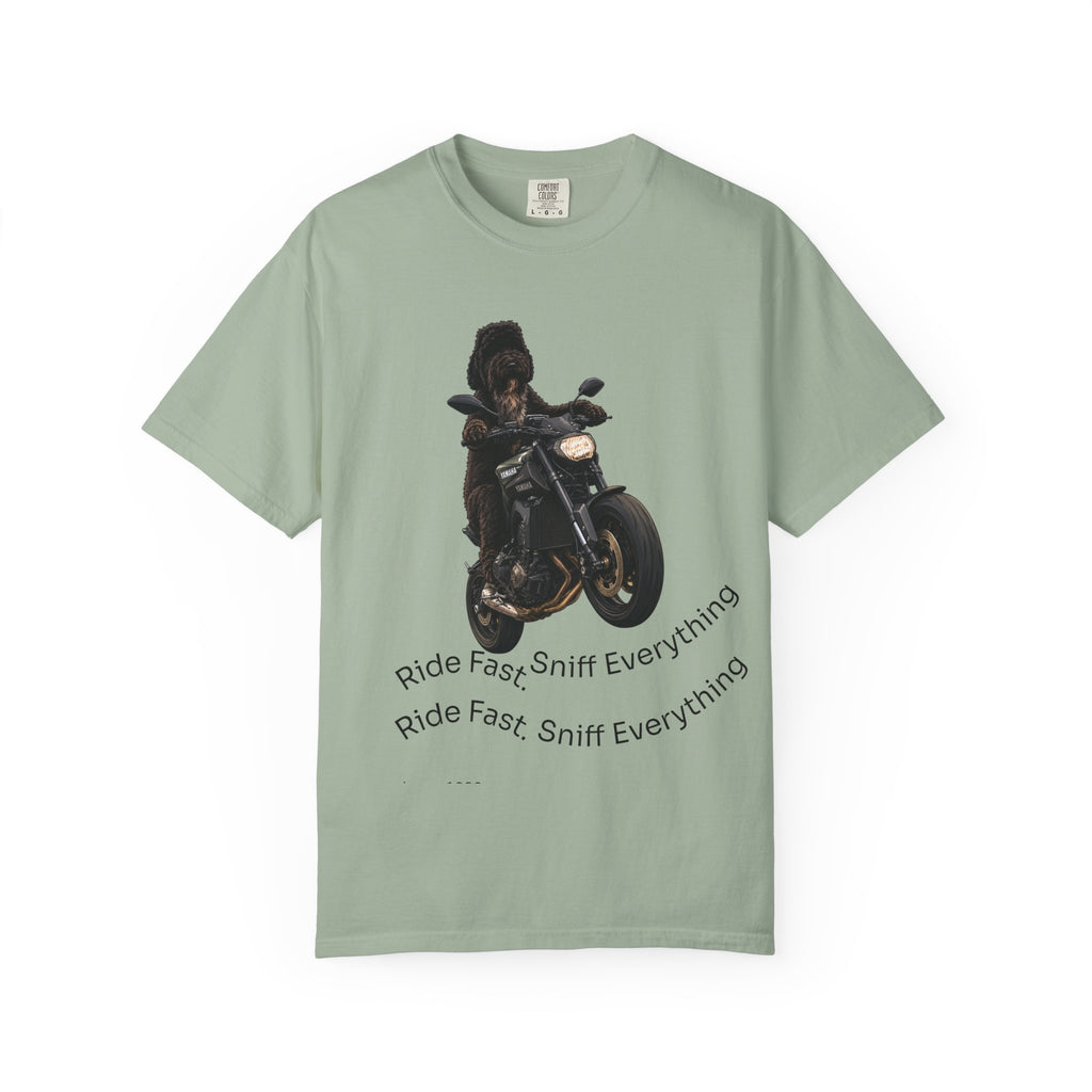 Dog Motorcycle Tee — "Ride Fast, Sniff Everything" Graphic T-Shirt