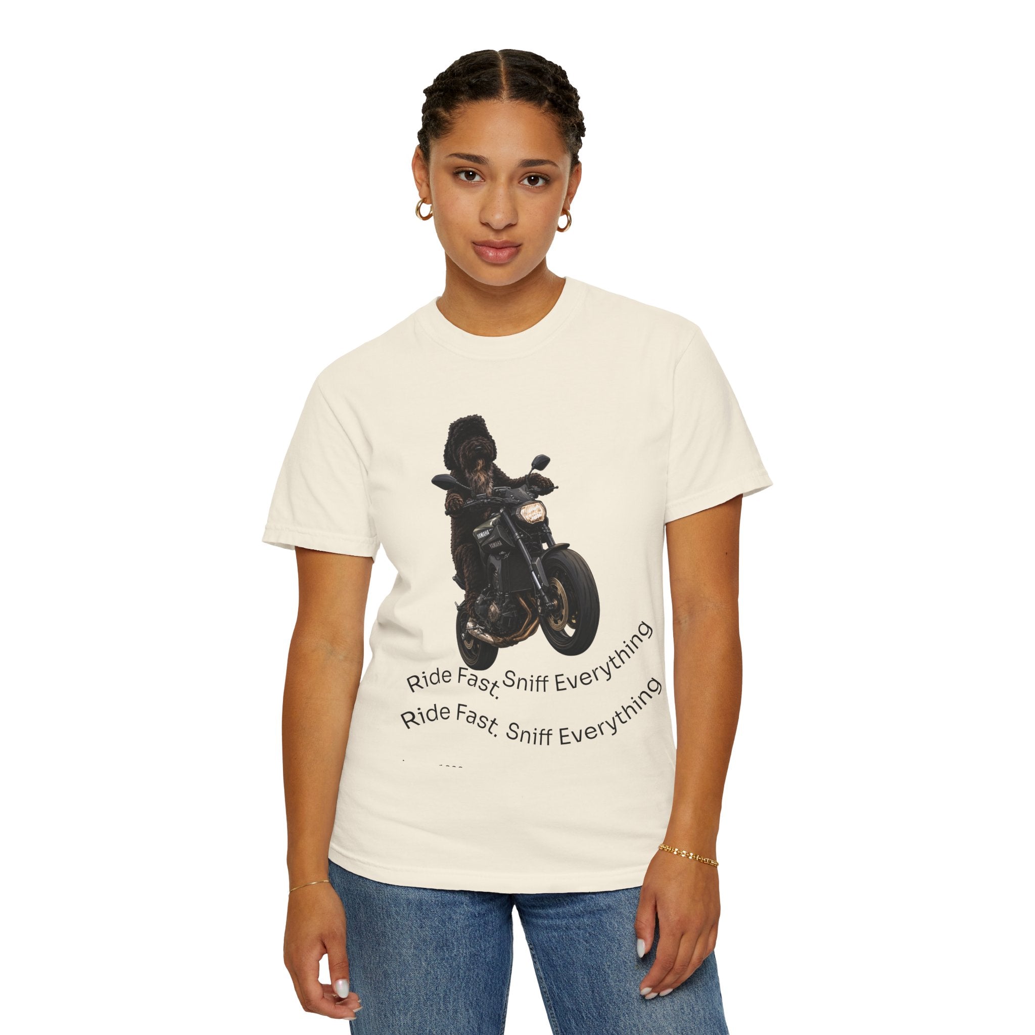 Dog Motorcycle Tee — "Ride Fast, Sniff Everything" Graphic T-Shirt