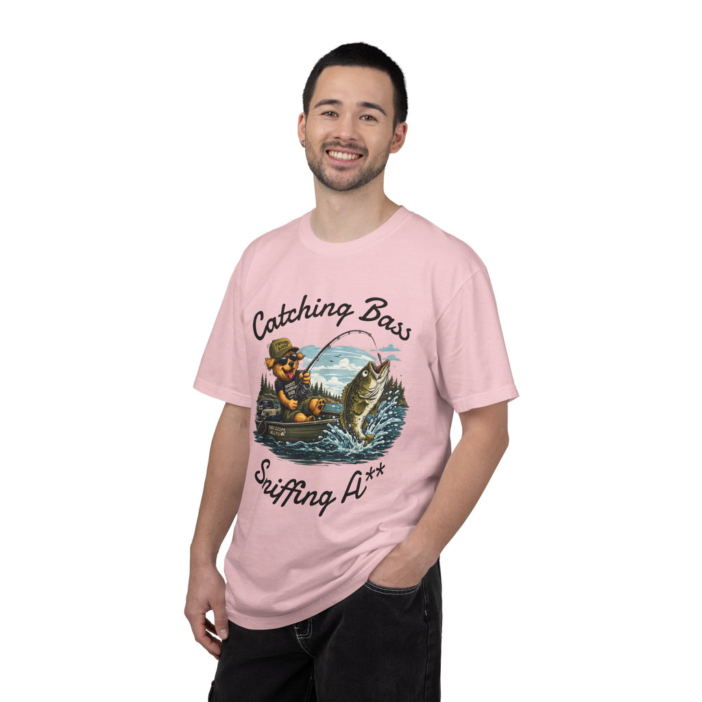 Fishing Dog T-Shirt — Cute Dog Angler in Boat Catching Big Bass
