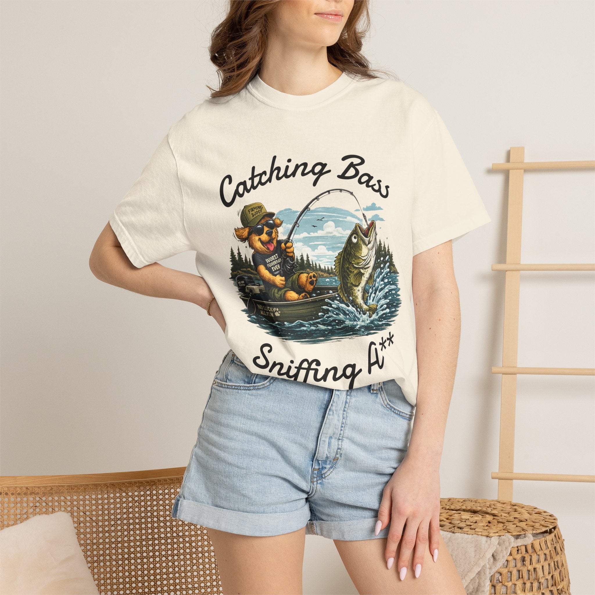 Fishing Dog T-Shirt — Cute Dog Angler in Boat Catching Big Bass