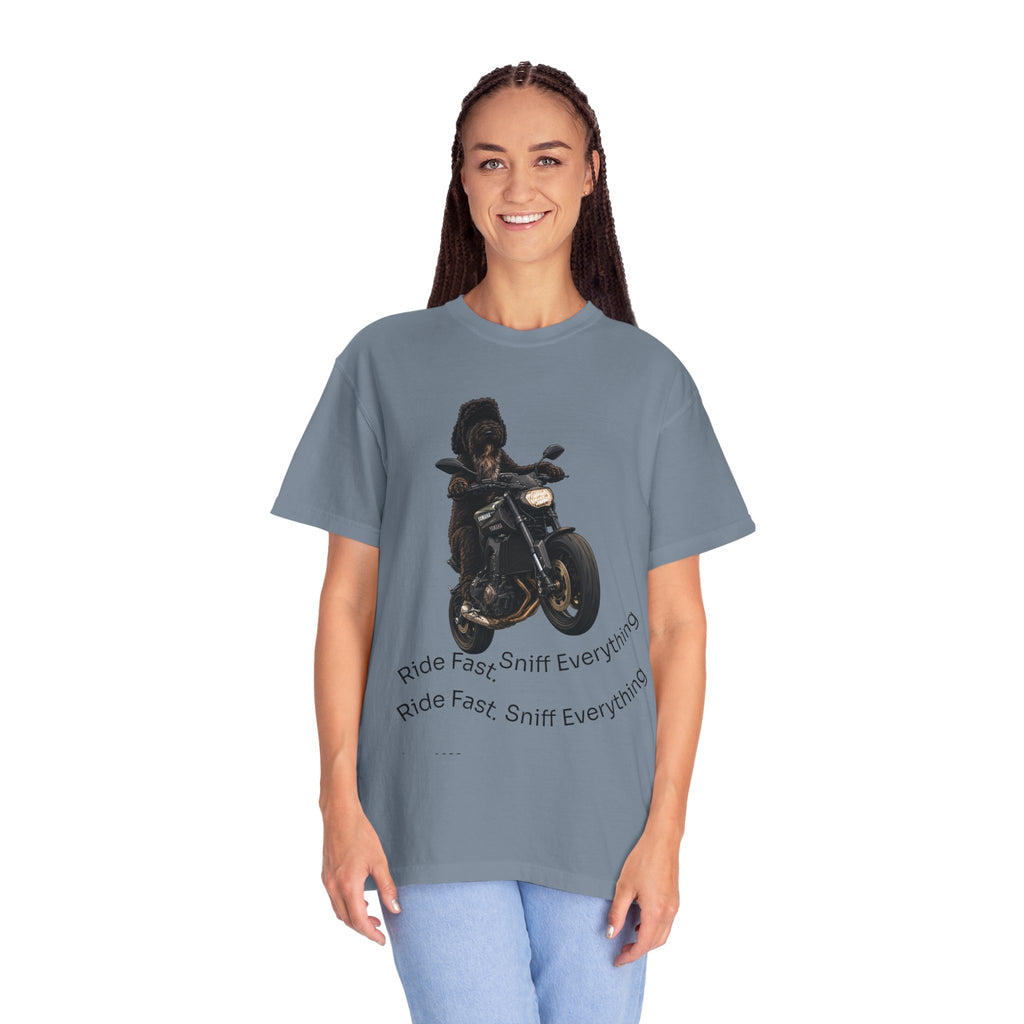 Dog Motorcycle Tee — "Ride Fast, Sniff Everything" Graphic T-Shirt