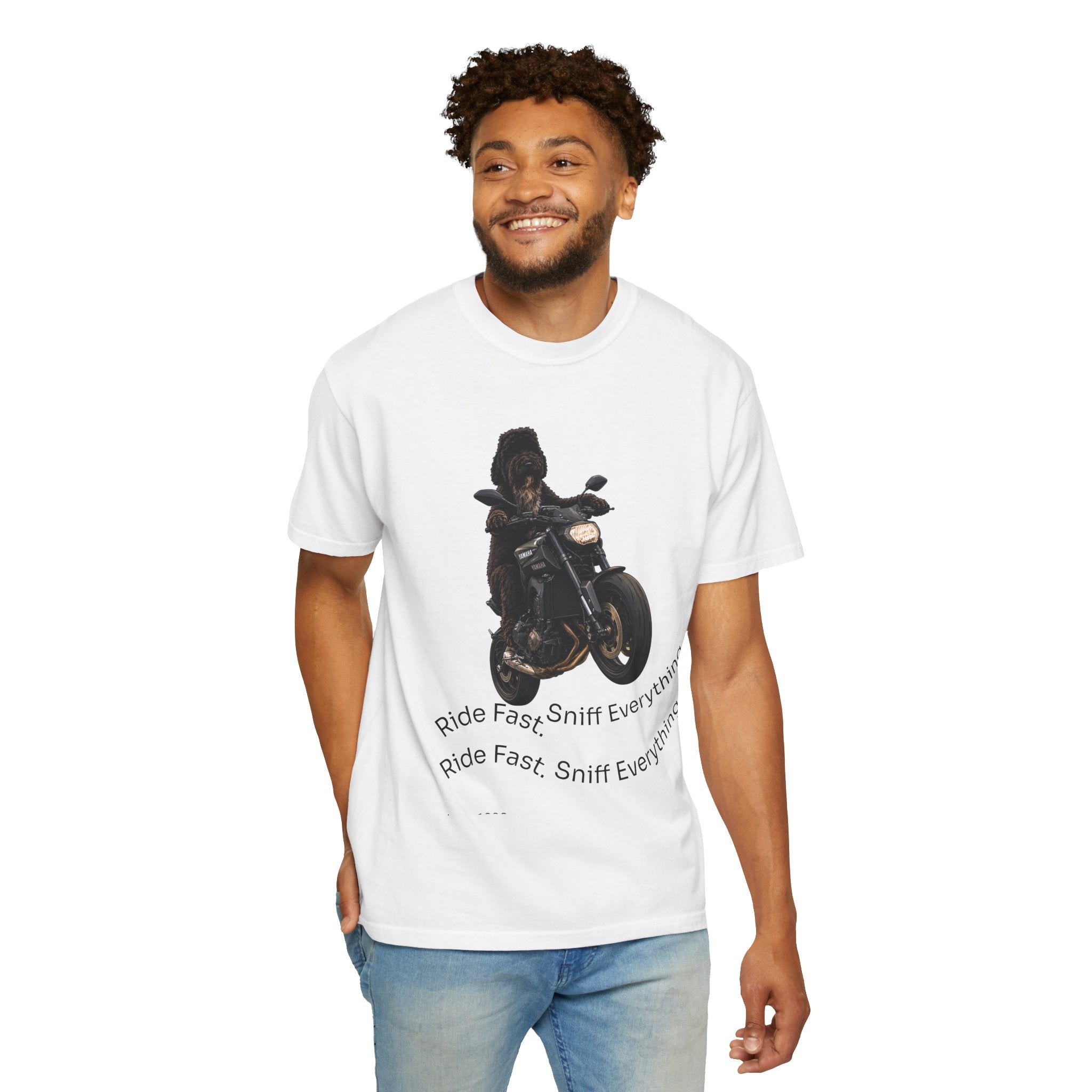 Dog Motorcycle Tee — "Ride Fast, Sniff Everything" Graphic T-Shirt