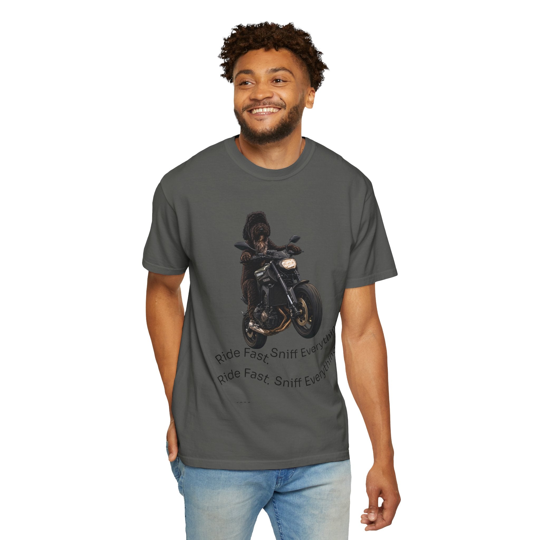 Dog Motorcycle Tee — "Ride Fast, Sniff Everything" Graphic T-Shirt