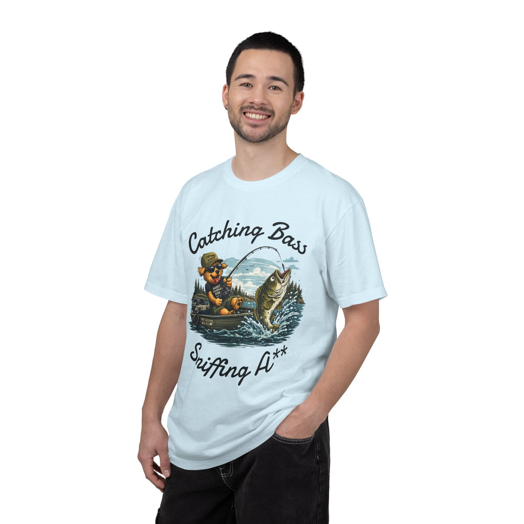 Fishing Dog T-Shirt — Cute Dog Angler in Boat Catching Big Bass