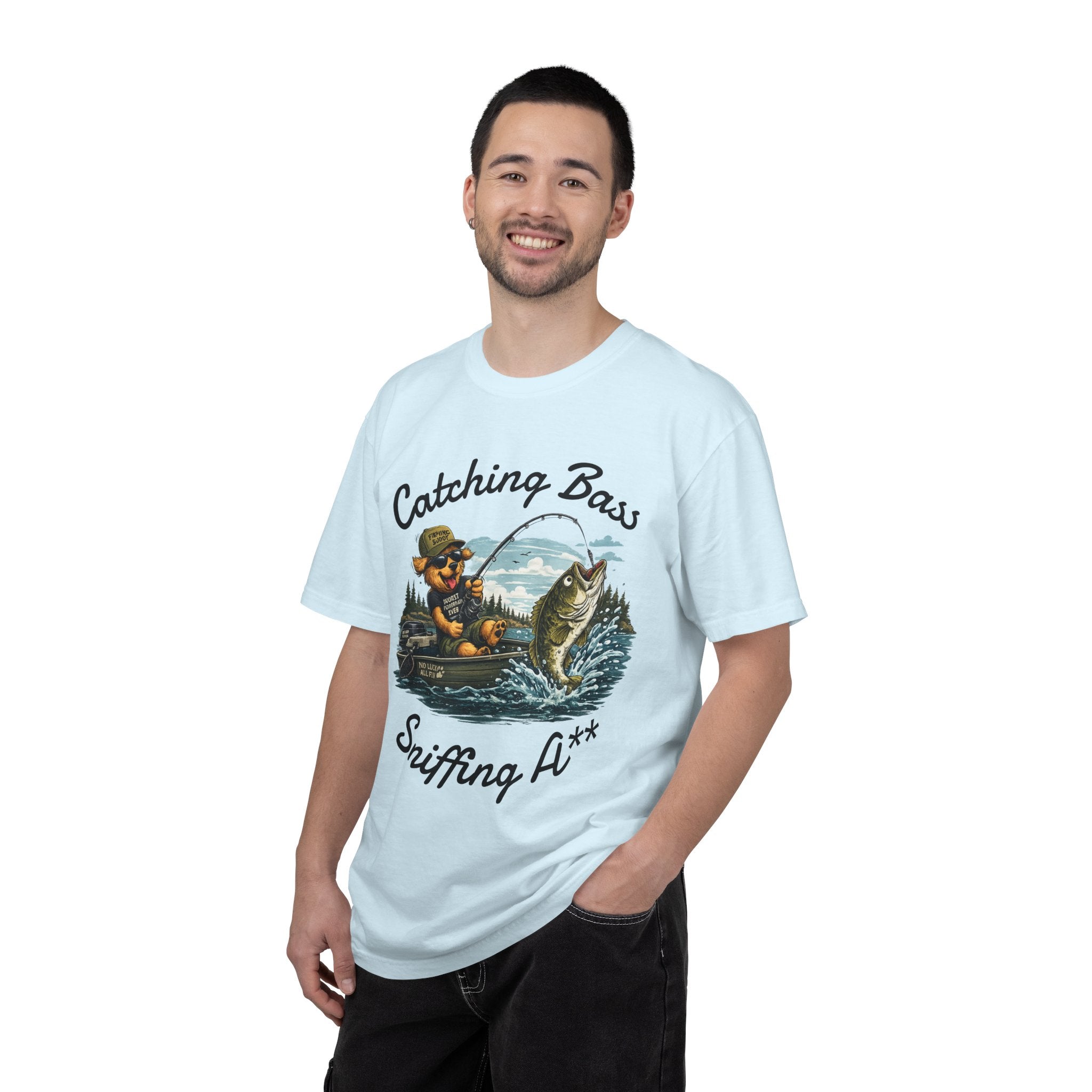 Fishing Dog T-Shirt — Cute Dog Angler in Boat Catching Big Bass