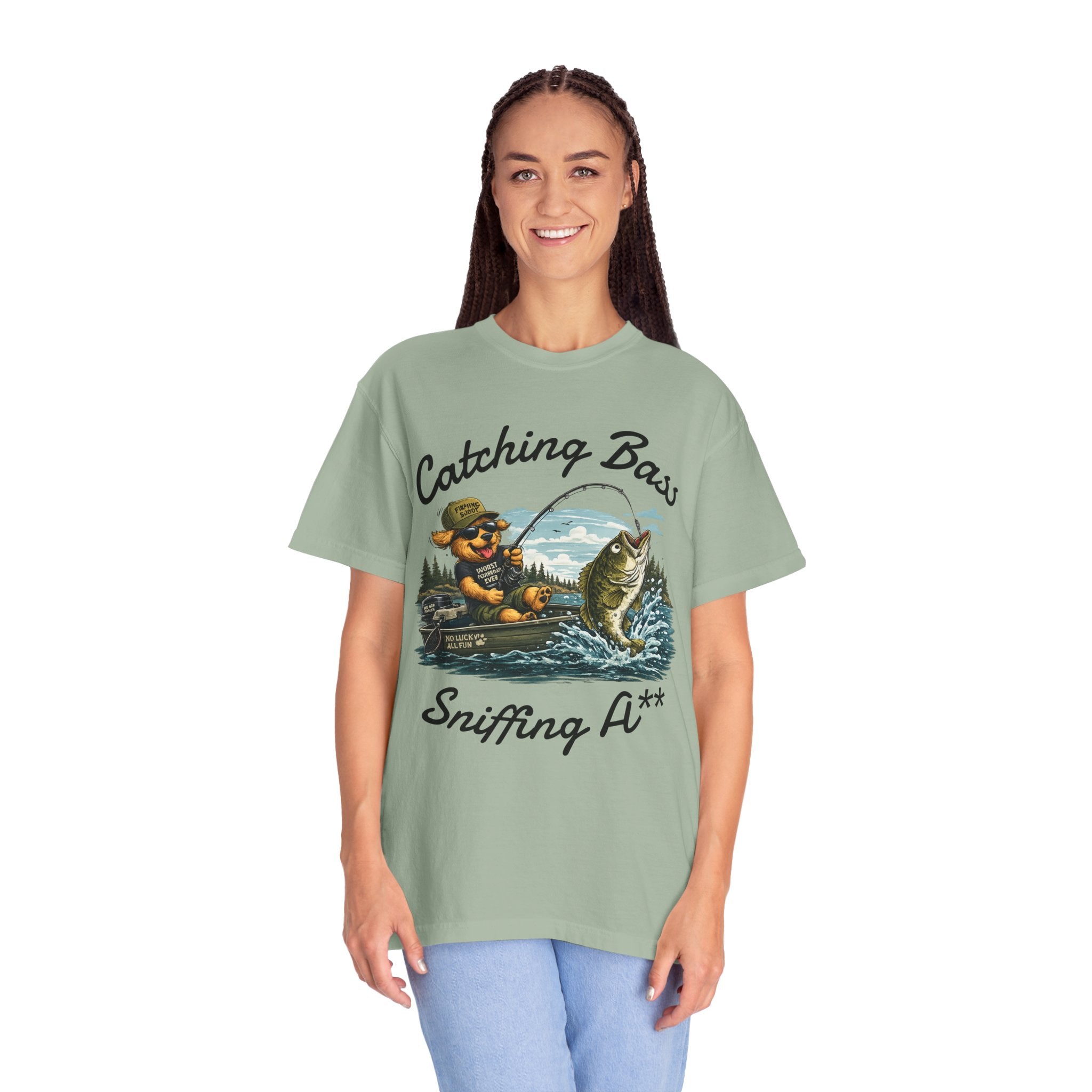 Fishing Dog T-Shirt — Cute Dog Angler in Boat Catching Big Bass