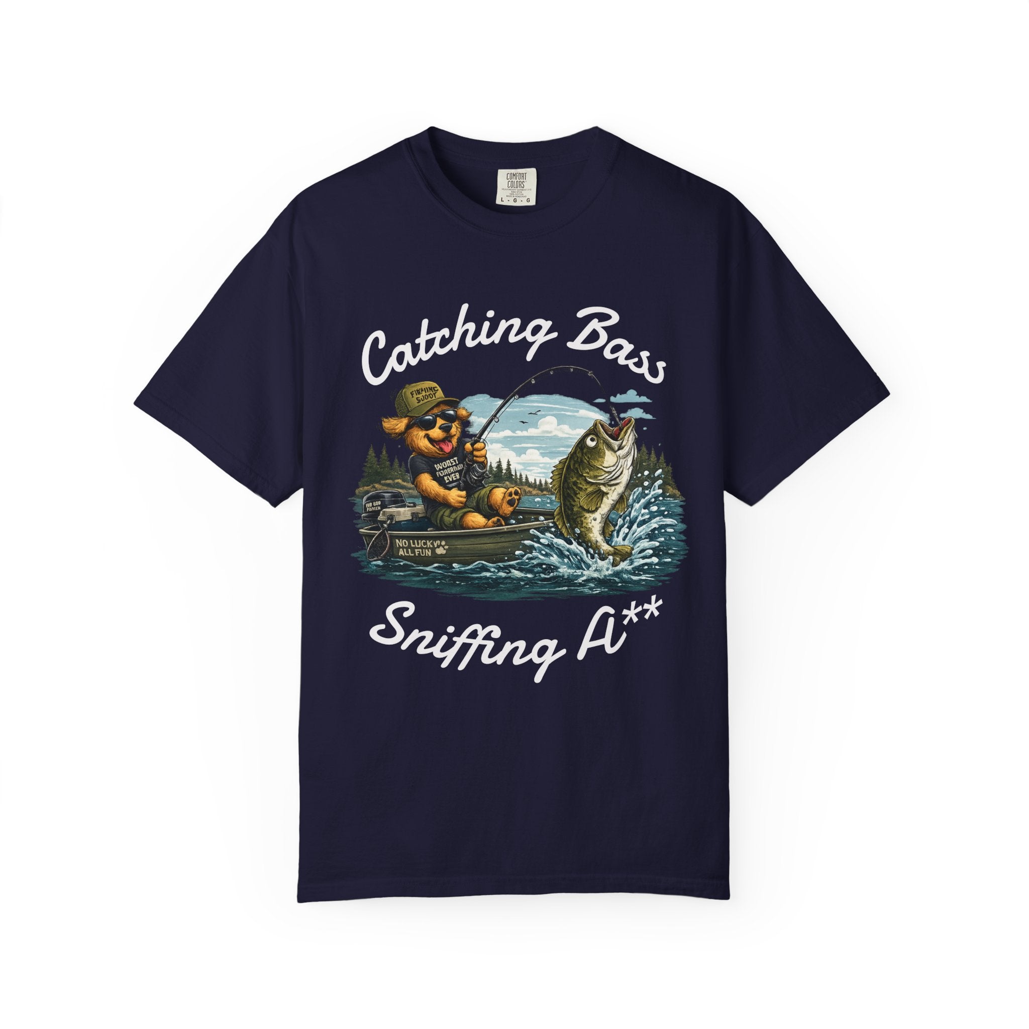 Fishing Dog T-Shirt — Cute Dog Angler in Boat Catching Big Bass