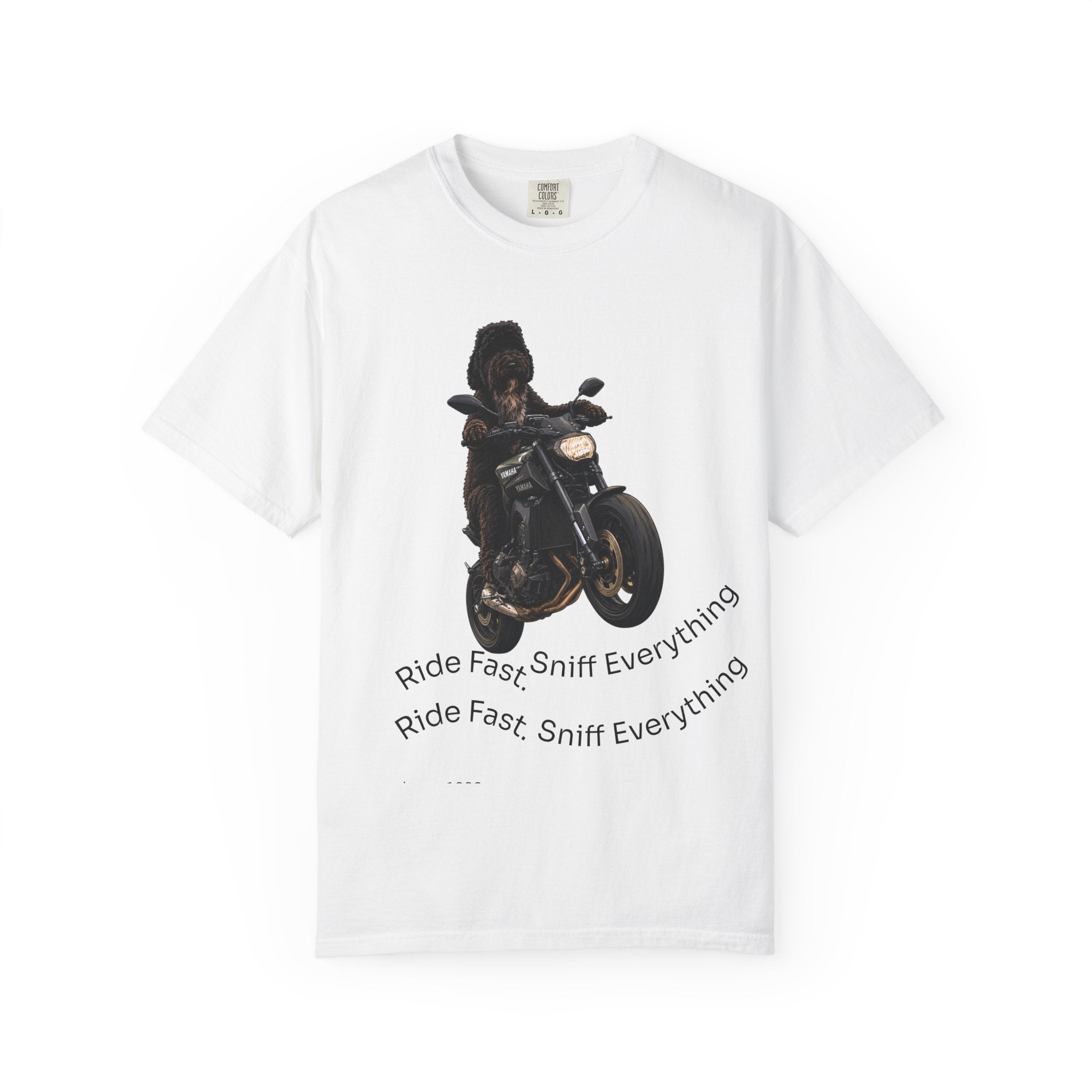 Dog Motorcycle Tee — "Ride Fast, Sniff Everything" Graphic T-Shirt