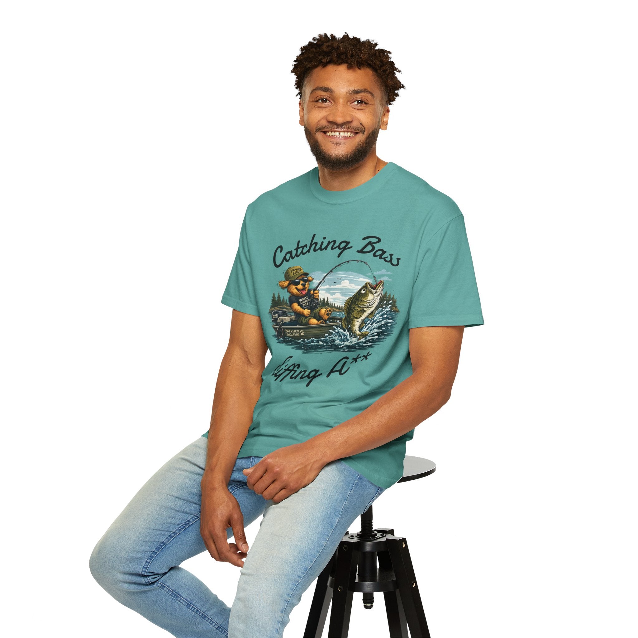 Fishing Dog T-Shirt — Cute Dog Angler in Boat Catching Big Bass