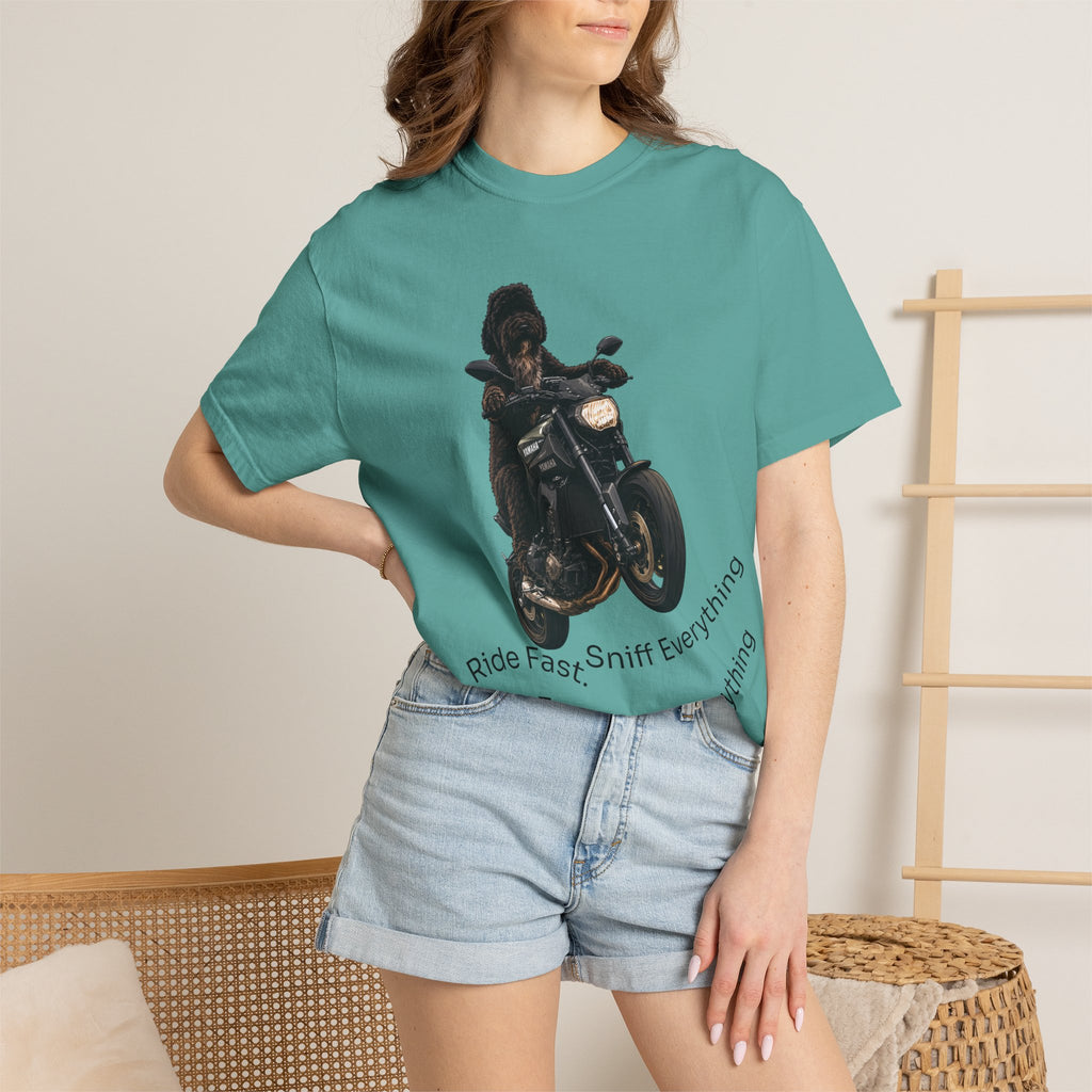 Dog Motorcycle Tee — "Ride Fast, Sniff Everything" Graphic T-Shirt