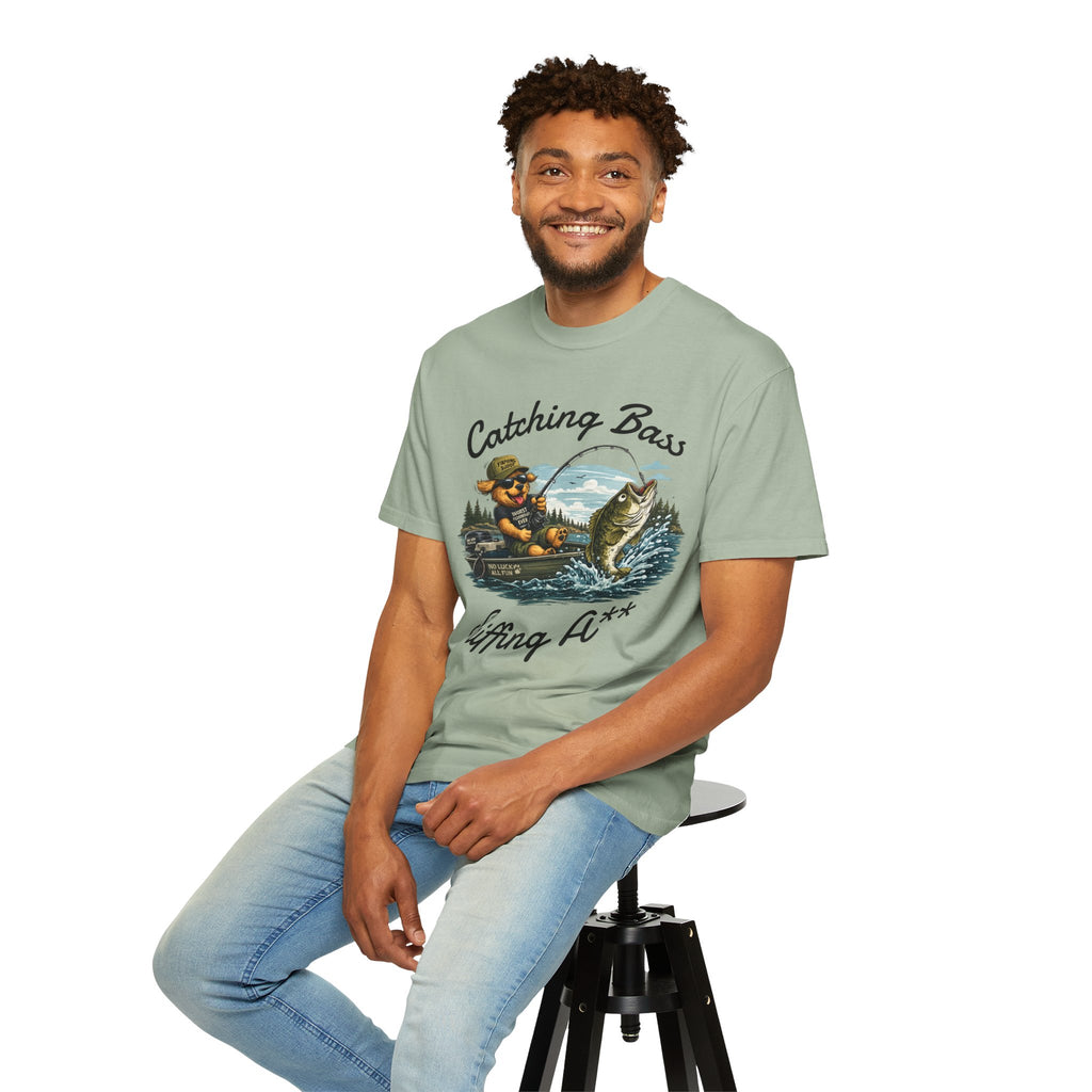 Fishing Dog T-Shirt — Cute Dog Angler in Boat Catching Big Bass