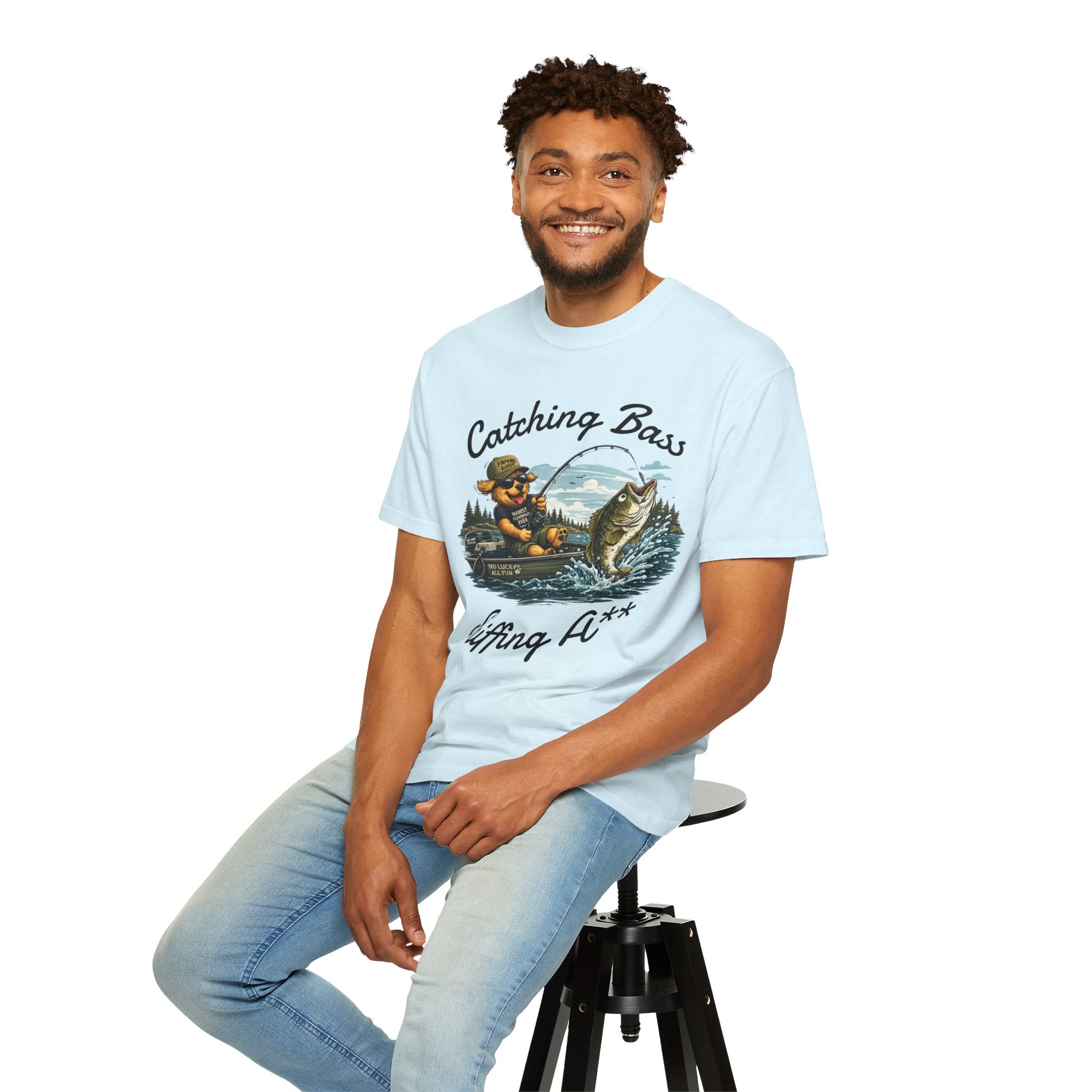 Fishing Dog T-Shirt — Cute Dog Angler in Boat Catching Big Bass