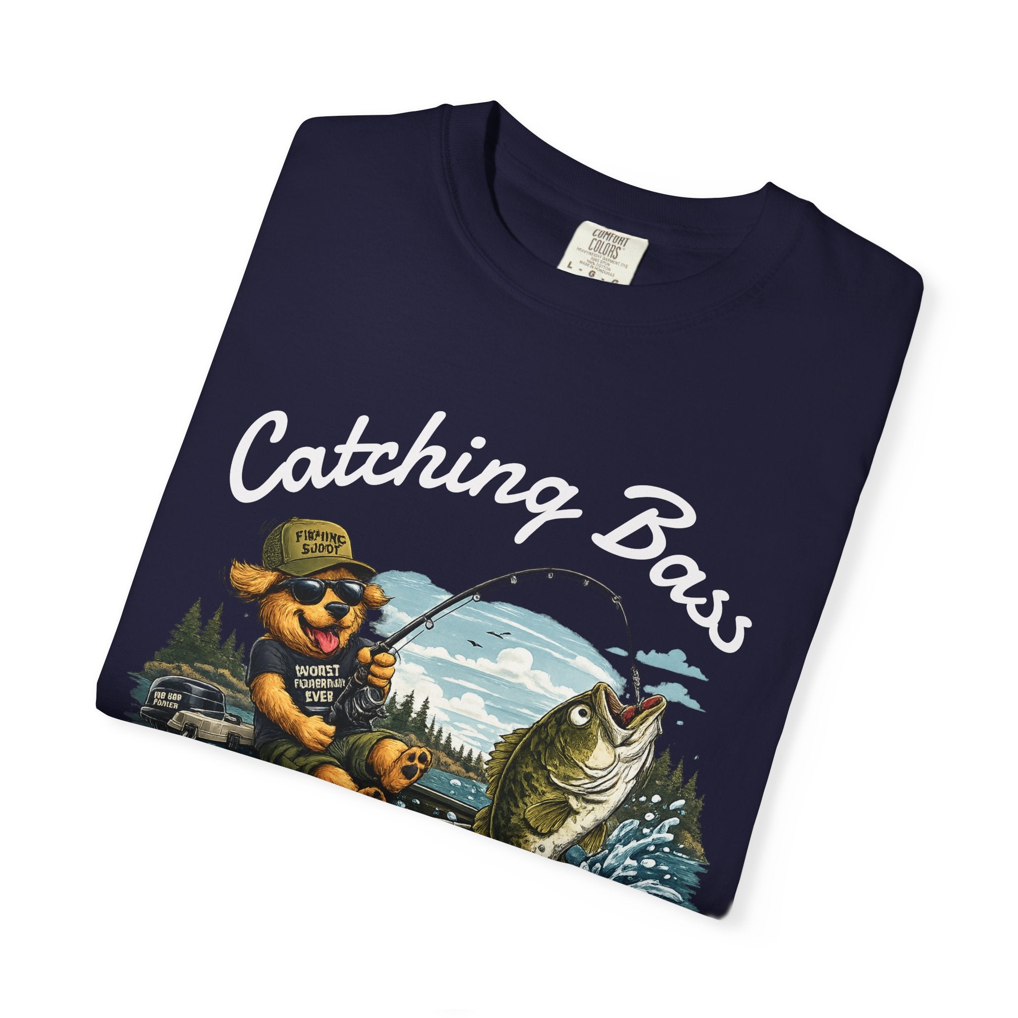 Fishing Dog T-Shirt — Cute Dog Angler in Boat Catching Big Bass