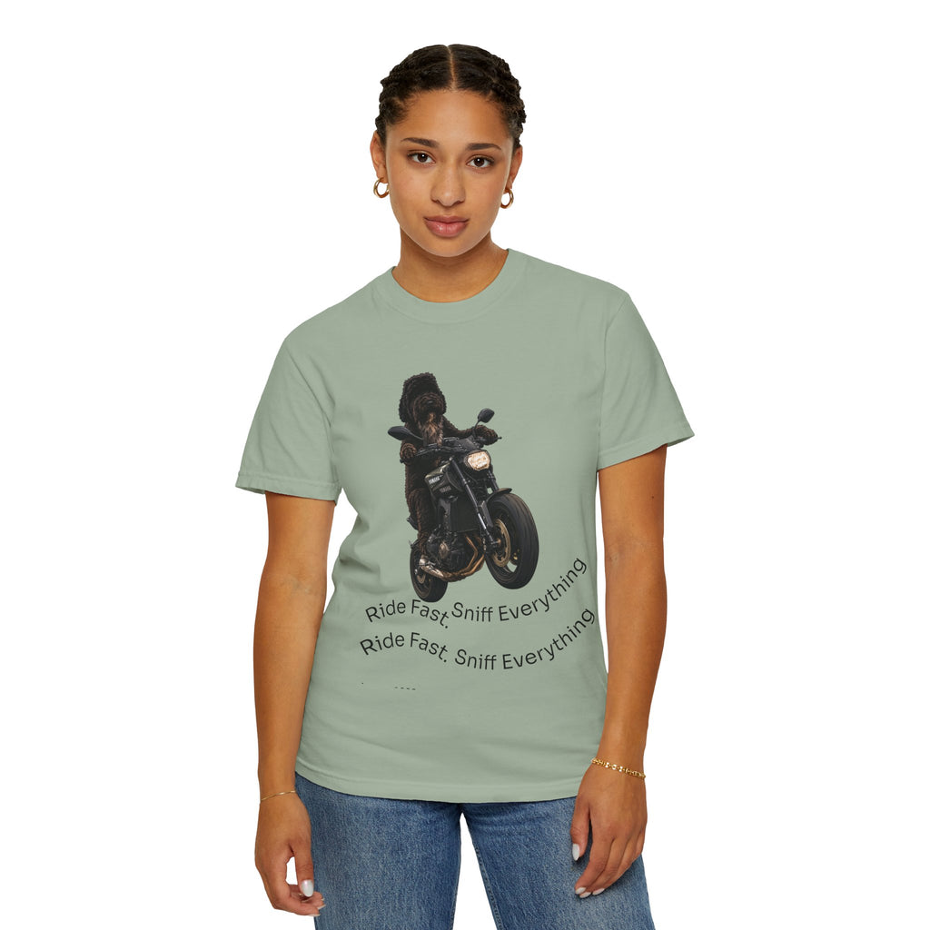 Dog Motorcycle Tee — "Ride Fast, Sniff Everything" Graphic T-Shirt