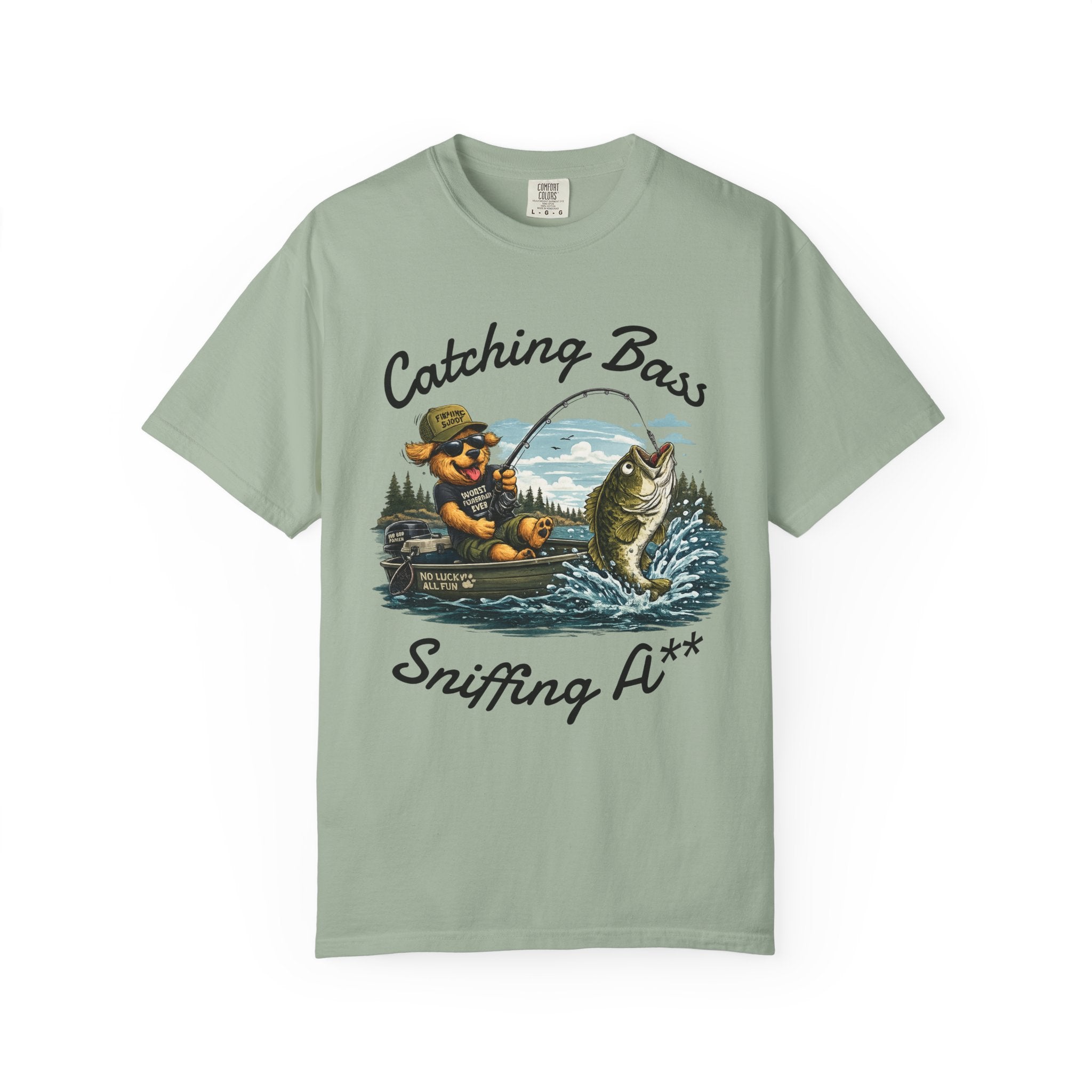 Fishing Dog T-Shirt — Cute Dog Angler in Boat Catching Big Bass
