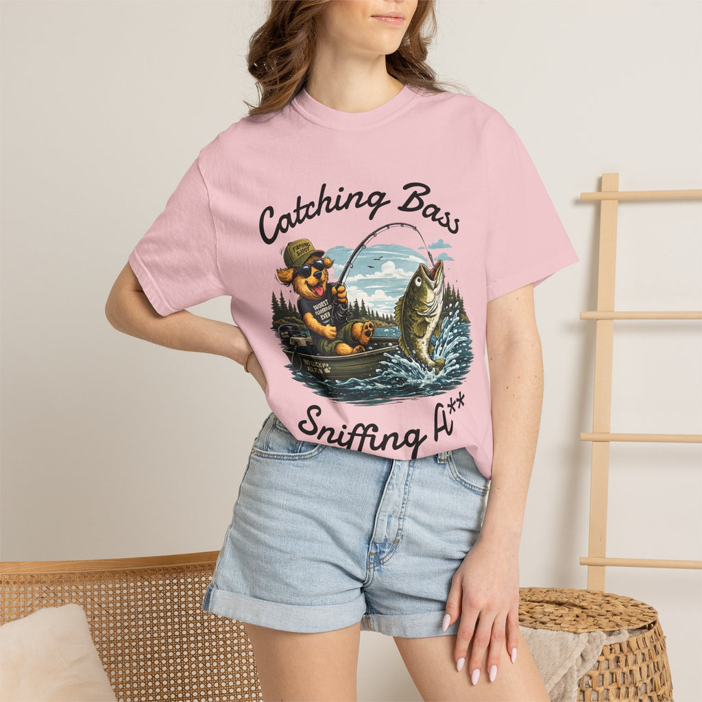 Fishing Dog T-Shirt — Cute Dog Angler in Boat Catching Big Bass