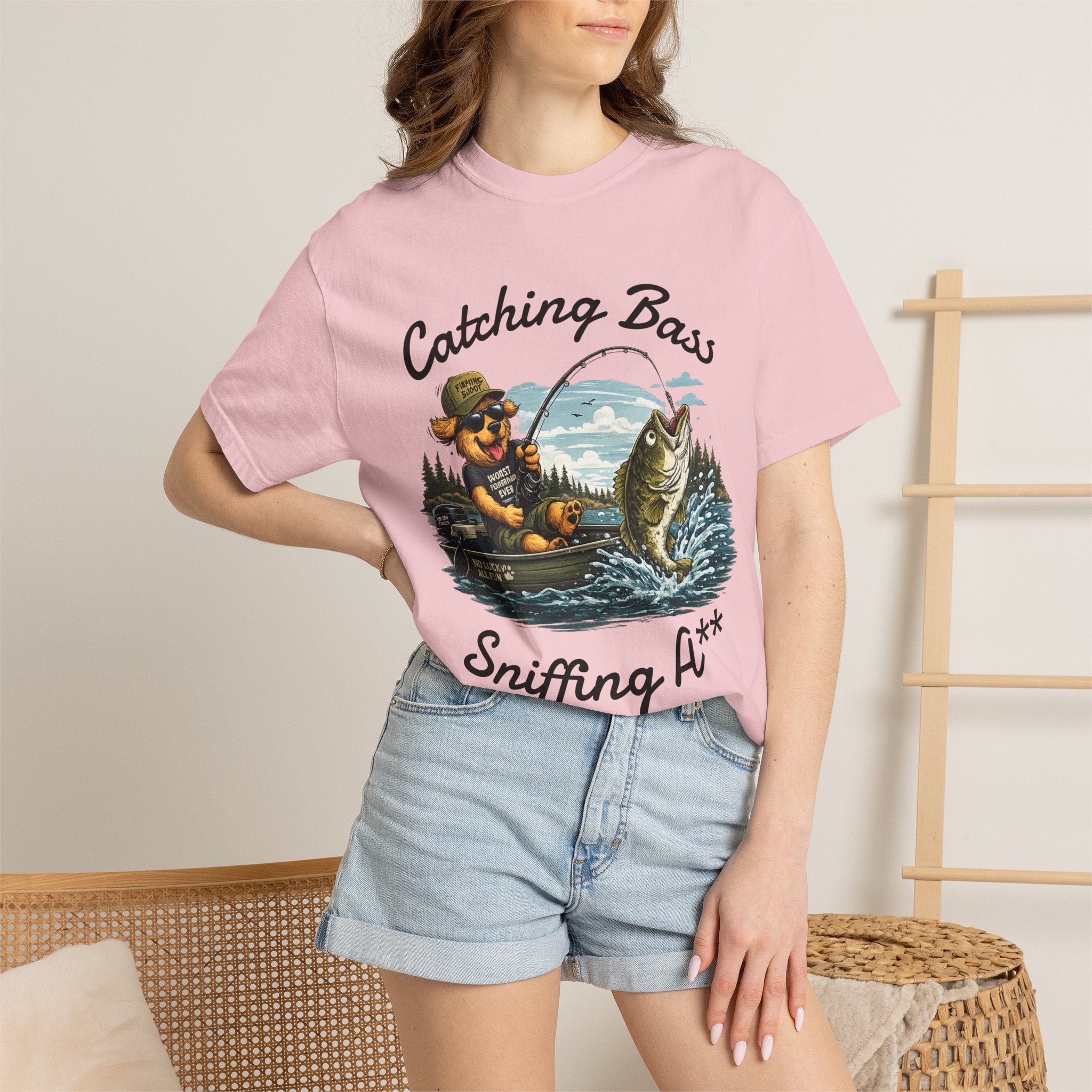 Fishing Dog T-Shirt — Cute Dog Angler in Boat Catching Big Bass