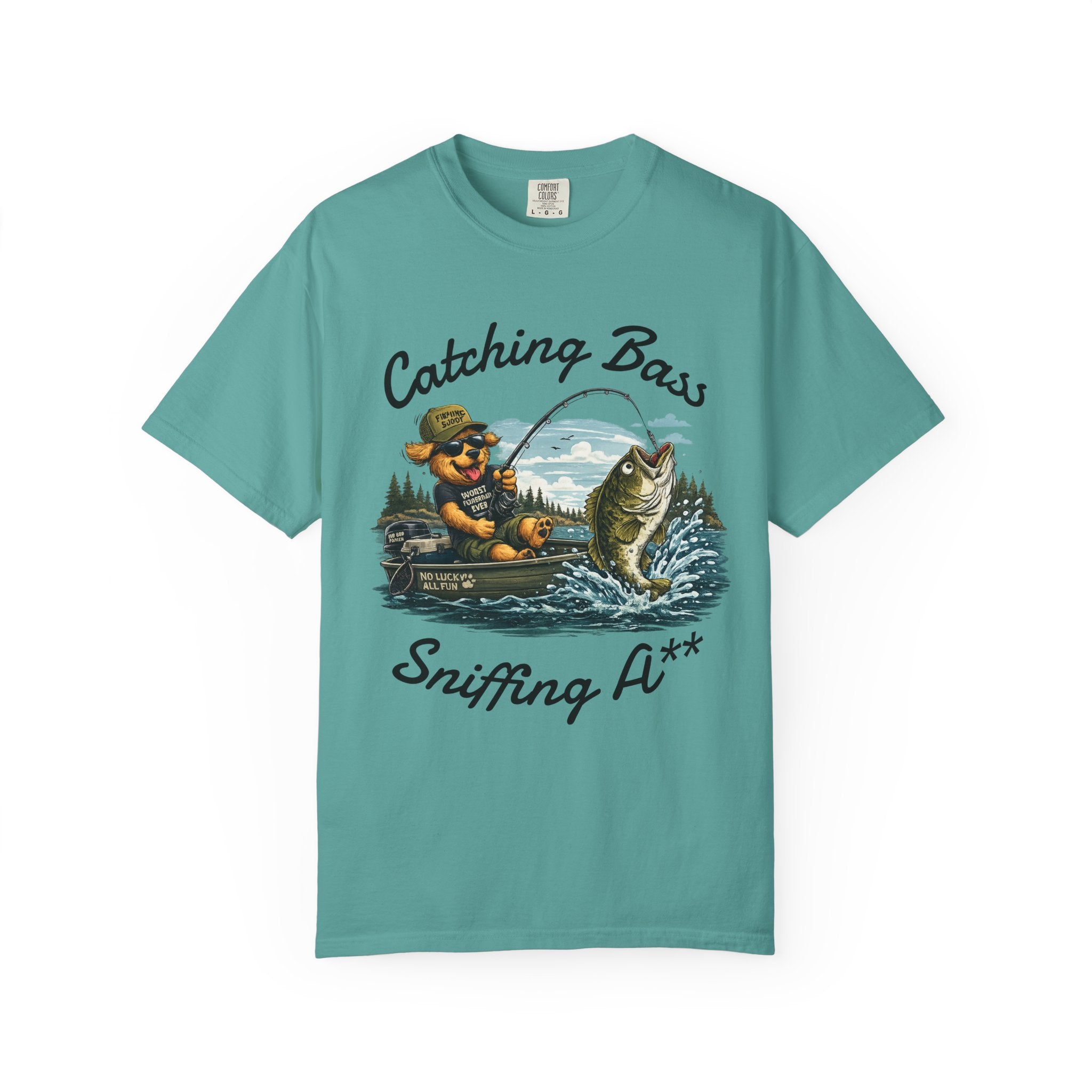 Fishing Dog T-Shirt — Cute Dog Angler in Boat Catching Big Bass
