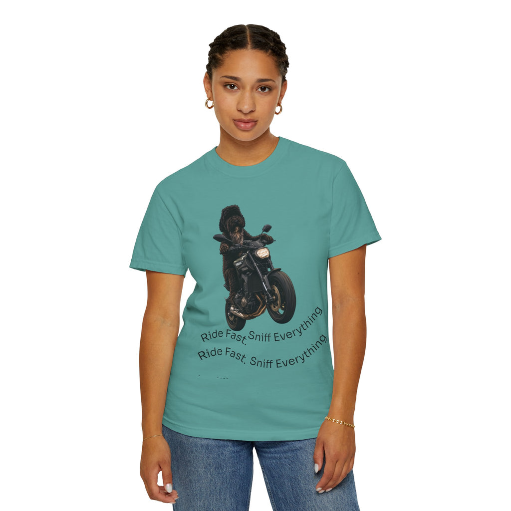 Dog Motorcycle Tee — "Ride Fast, Sniff Everything" Graphic T-Shirt