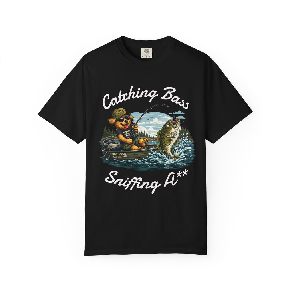 Fishing Dog T-Shirt — Cute Dog Angler in Boat Catching Big Bass