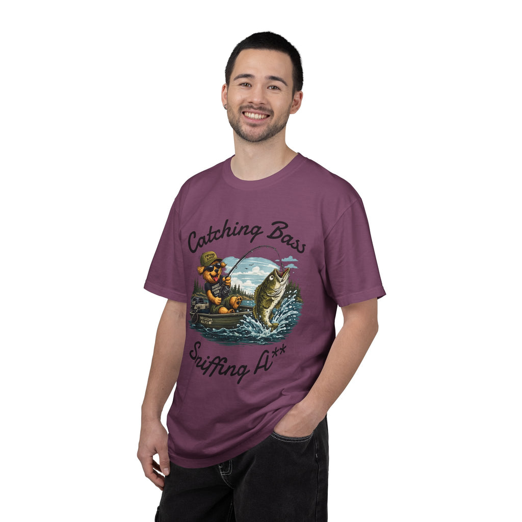 Fishing Dog T-Shirt — Cute Dog Angler in Boat Catching Big Bass