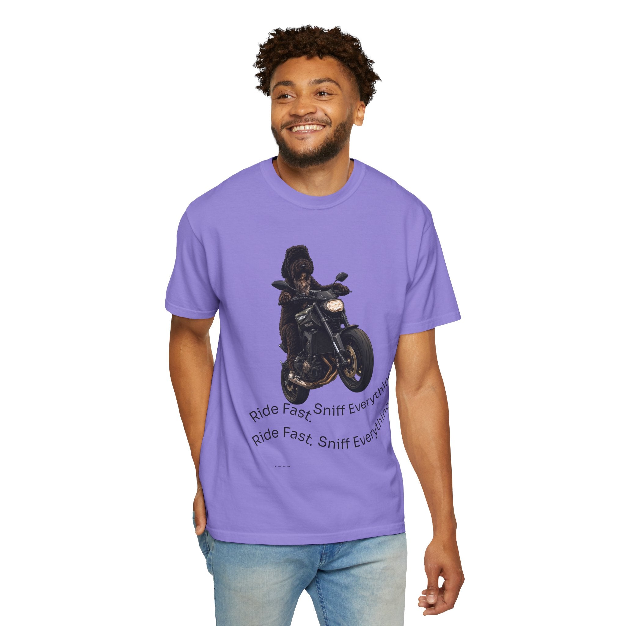 Dog Motorcycle Tee — "Ride Fast, Sniff Everything" Graphic T-Shirt