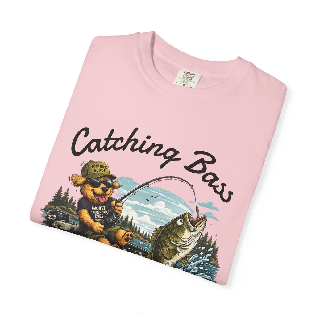 Fishing Dog T-Shirt — Cute Dog Angler in Boat Catching Big Bass