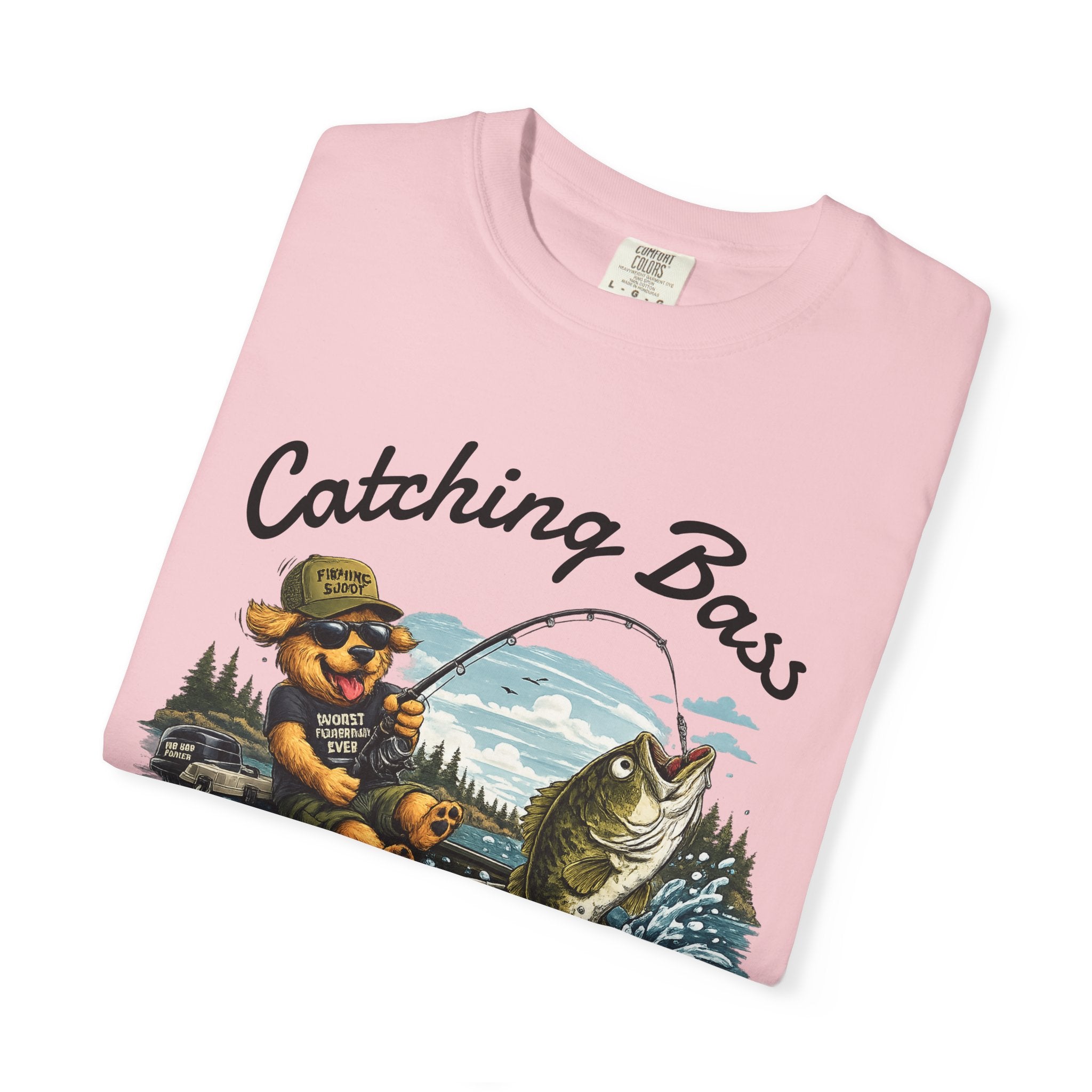Fishing Dog T-Shirt — Cute Dog Angler in Boat Catching Big Bass