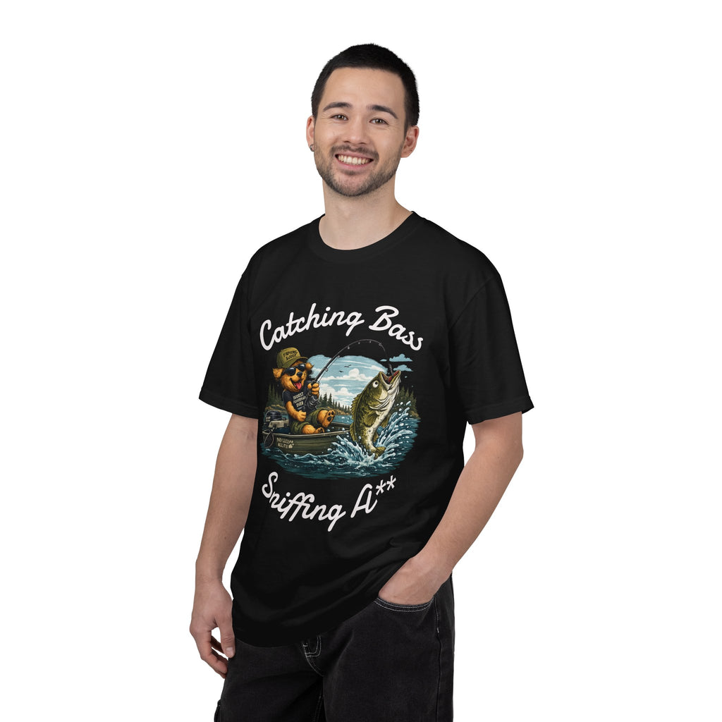 Fishing Dog T-Shirt — Cute Dog Angler in Boat Catching Big Bass