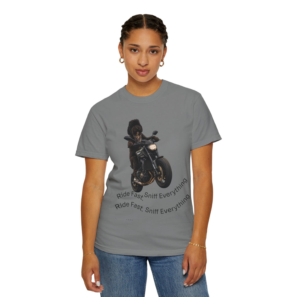Dog Motorcycle Tee — "Ride Fast, Sniff Everything" Graphic T-Shirt