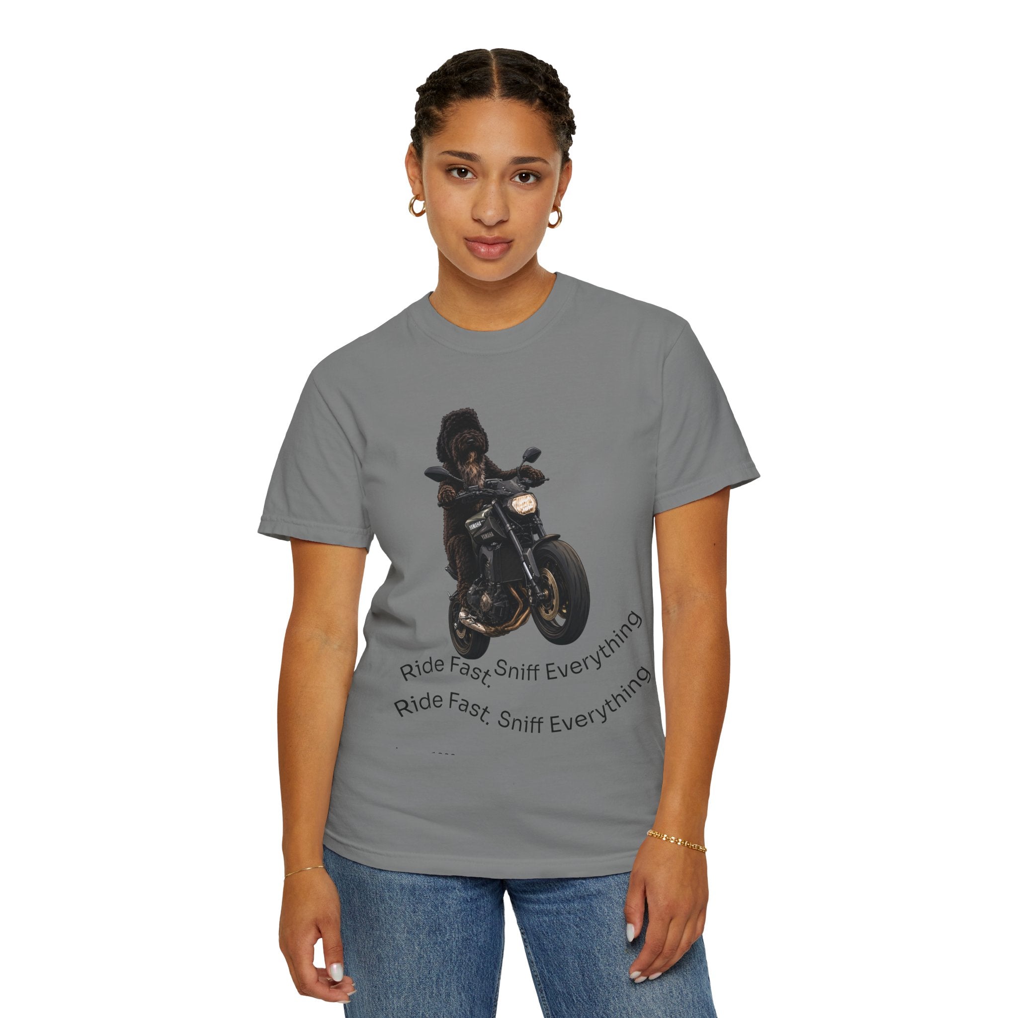 Dog Motorcycle Tee — "Ride Fast, Sniff Everything" Graphic T-Shirt
