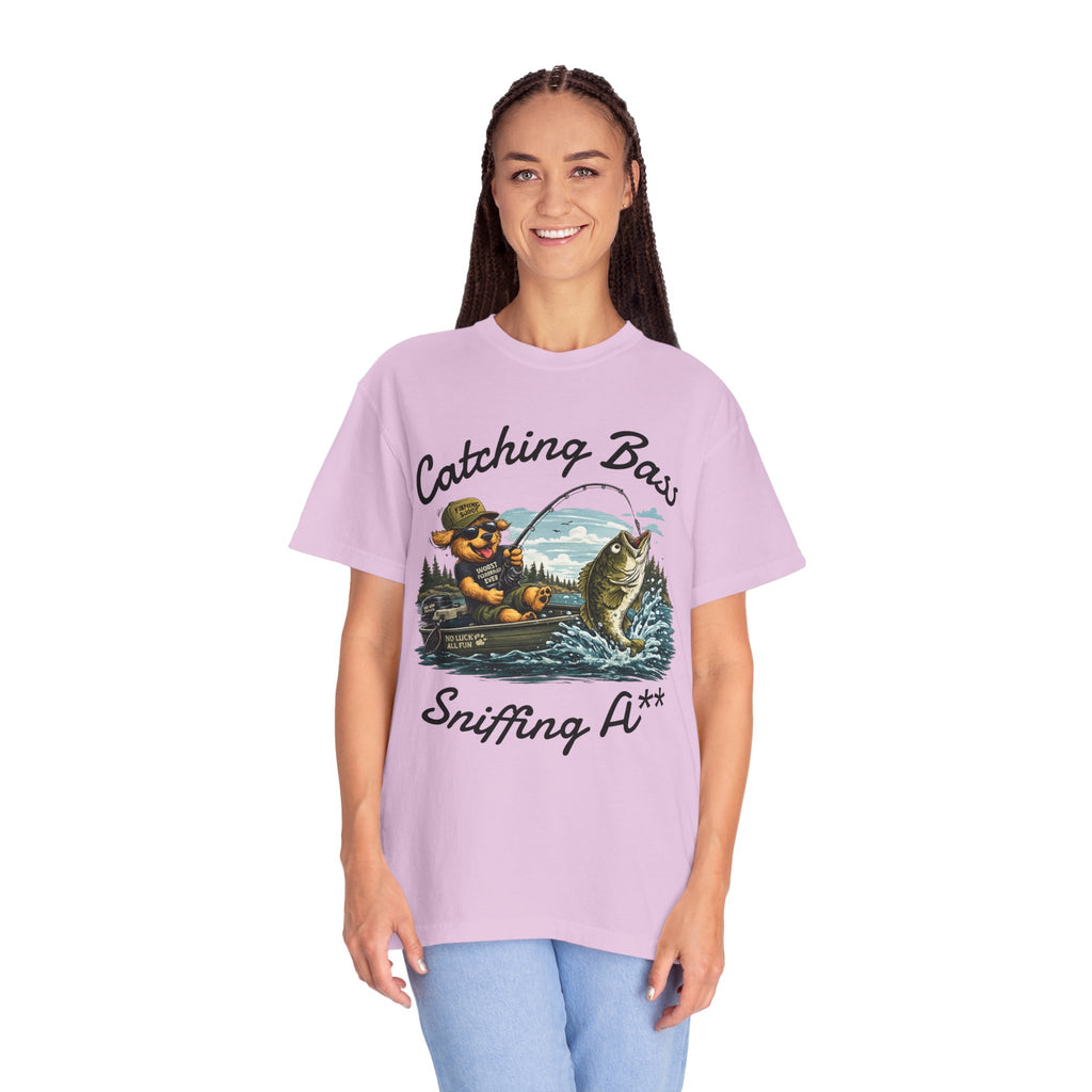Fishing Dog T-Shirt — Cute Dog Angler in Boat Catching Big Bass