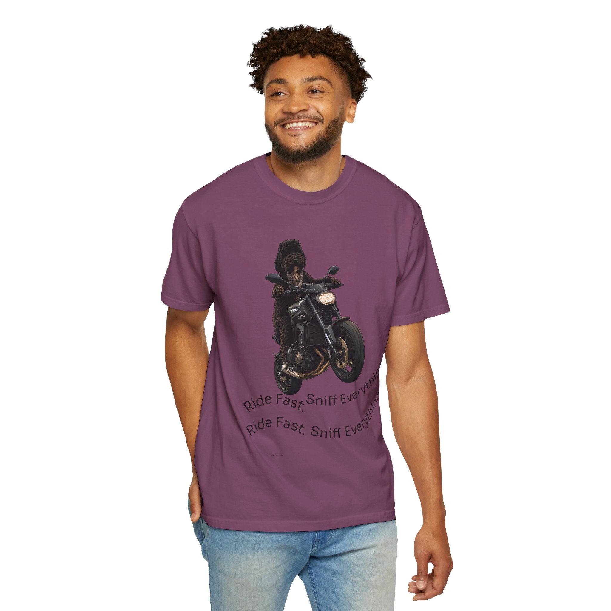 Dog Motorcycle Tee — "Ride Fast, Sniff Everything" Graphic T-Shirt