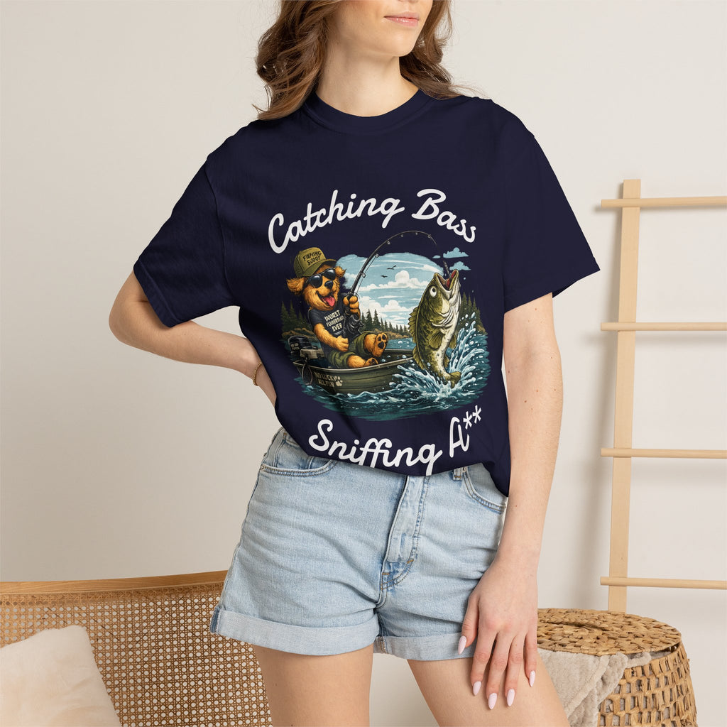 Fishing Dog T-Shirt — Cute Dog Angler in Boat Catching Big Bass