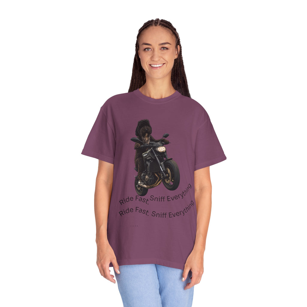 Dog Motorcycle Tee — "Ride Fast, Sniff Everything" Graphic T-Shirt